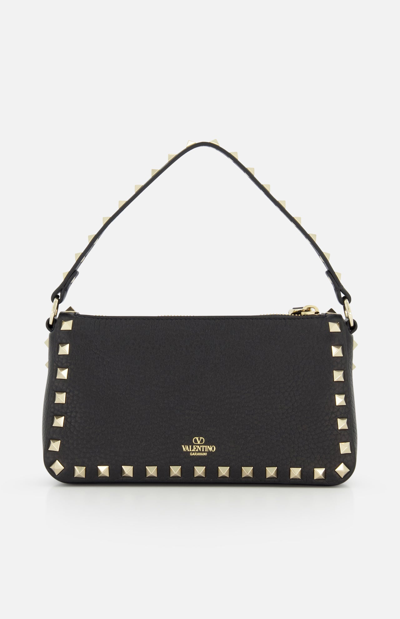 The Rockstud Small Shoulder Bag by VALENTINO GARAVANI is a black leather shoulder bag with gold-tone rockstud trim, a removable strap, and a small gold logo on the front.
