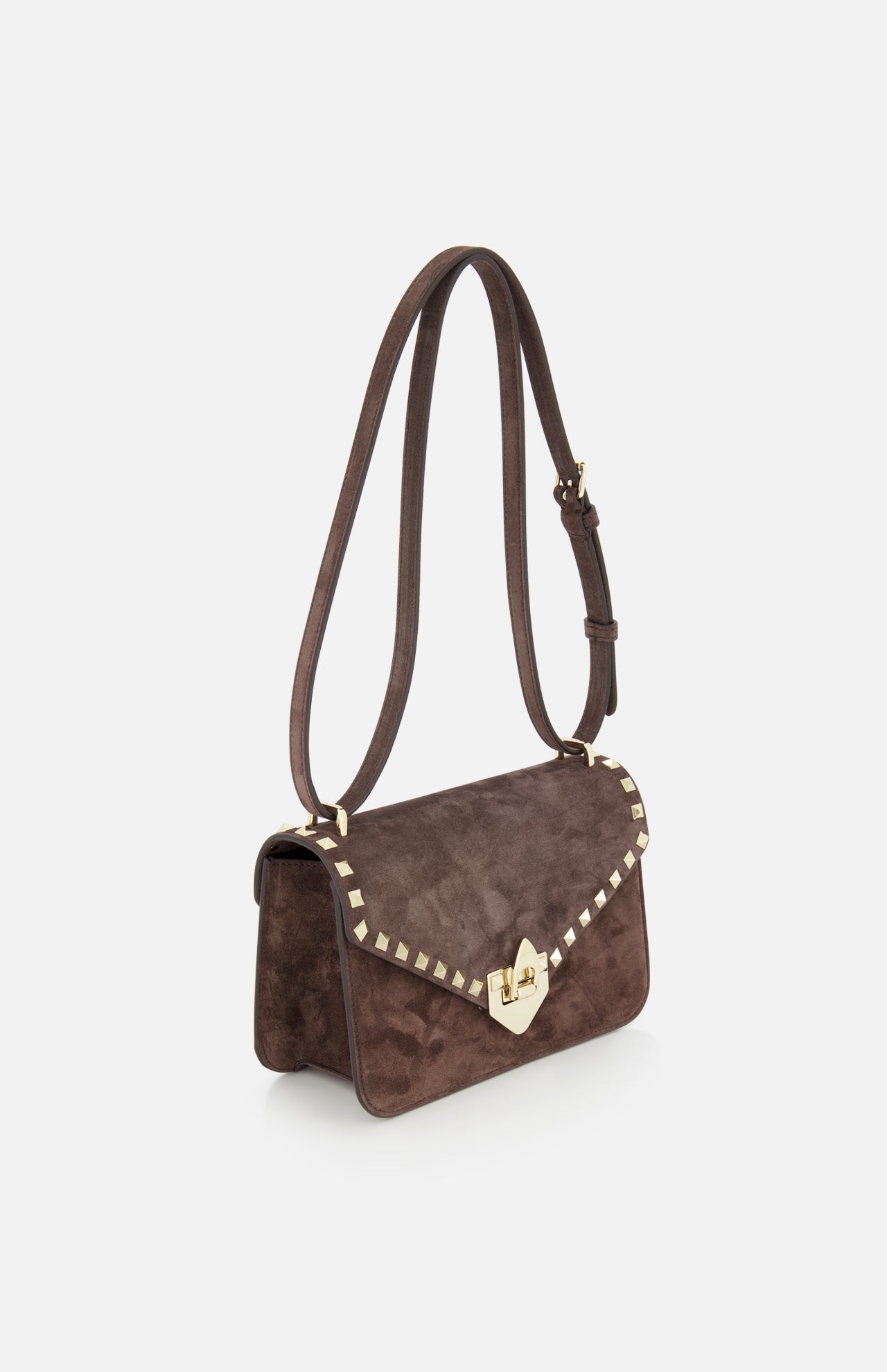 The VALENTINO GARAVANI Rockstud Small Suede Shoulder Bag, in brown, features a rockstud-trimmed flap, gold heart-shaped clasp, and adjustable suede strap. Displayed on a plain white background.