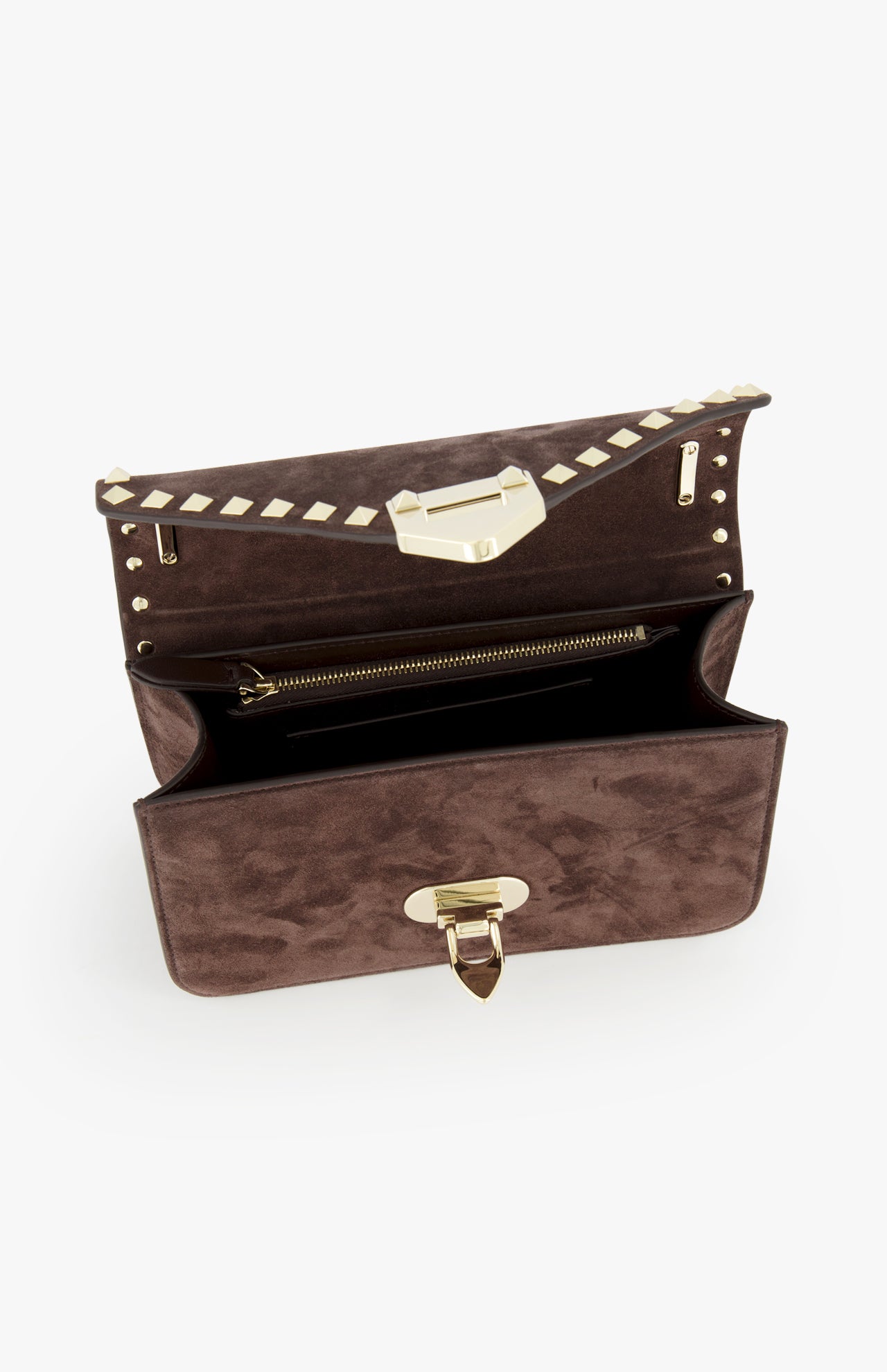The VALENTINO GARAVANI Rockstud Small Suede Shoulder Bag features brown suede, a gold clasp, striking rockstud trim on the flap, and an interior with compartments and a zippered pocket for elegant organization.
