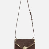 The VALENTINO GARAVANI Rockstud Small Suede Shoulder Bag in brown features gold-tone rockstud trim on the flap, a gold clasp closure, and an adjustable strap, shown against a white background.
