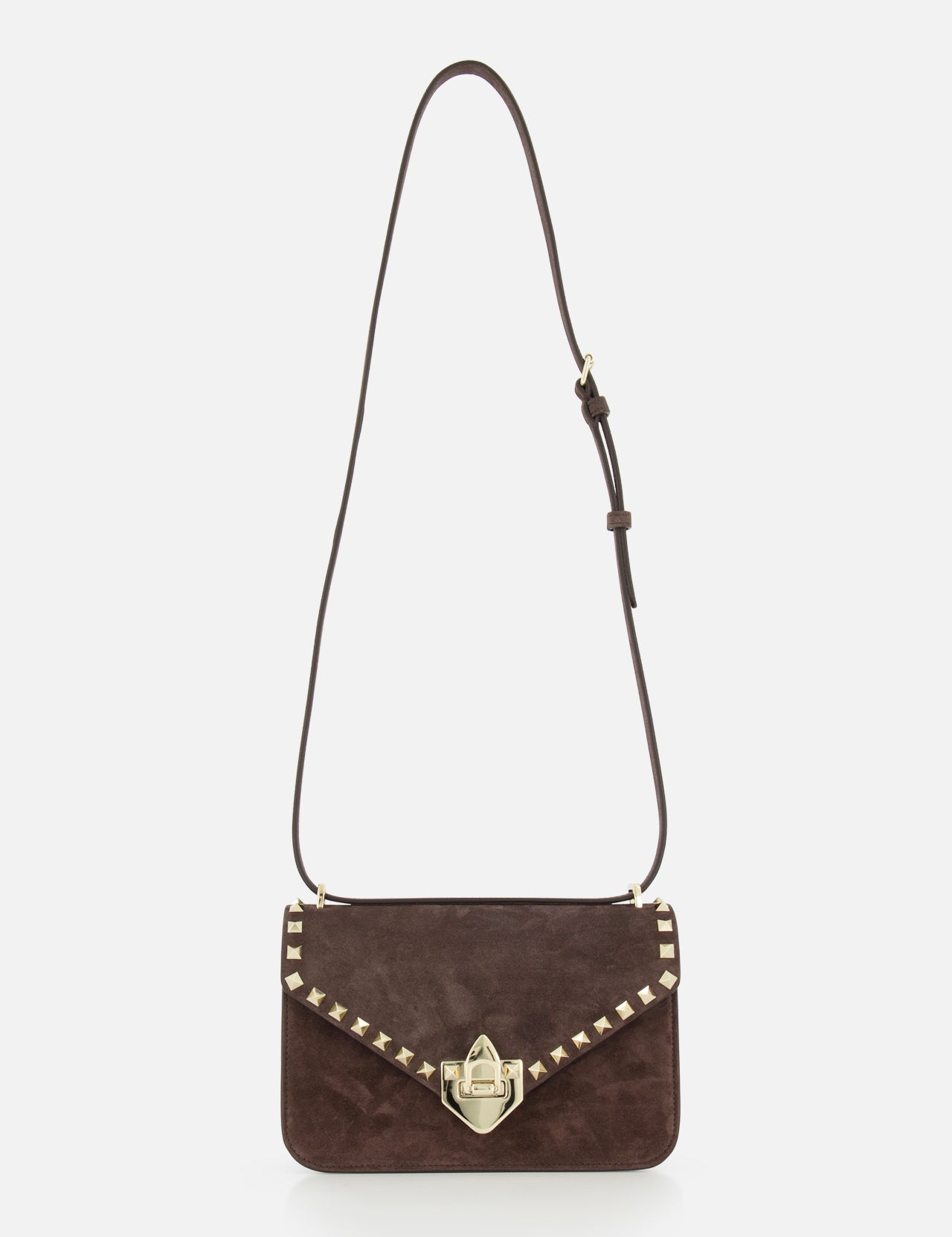 The VALENTINO GARAVANI Rockstud Small Suede Shoulder Bag in brown features gold-tone rockstud trim on the flap, a gold clasp closure, and an adjustable strap, shown against a white background.