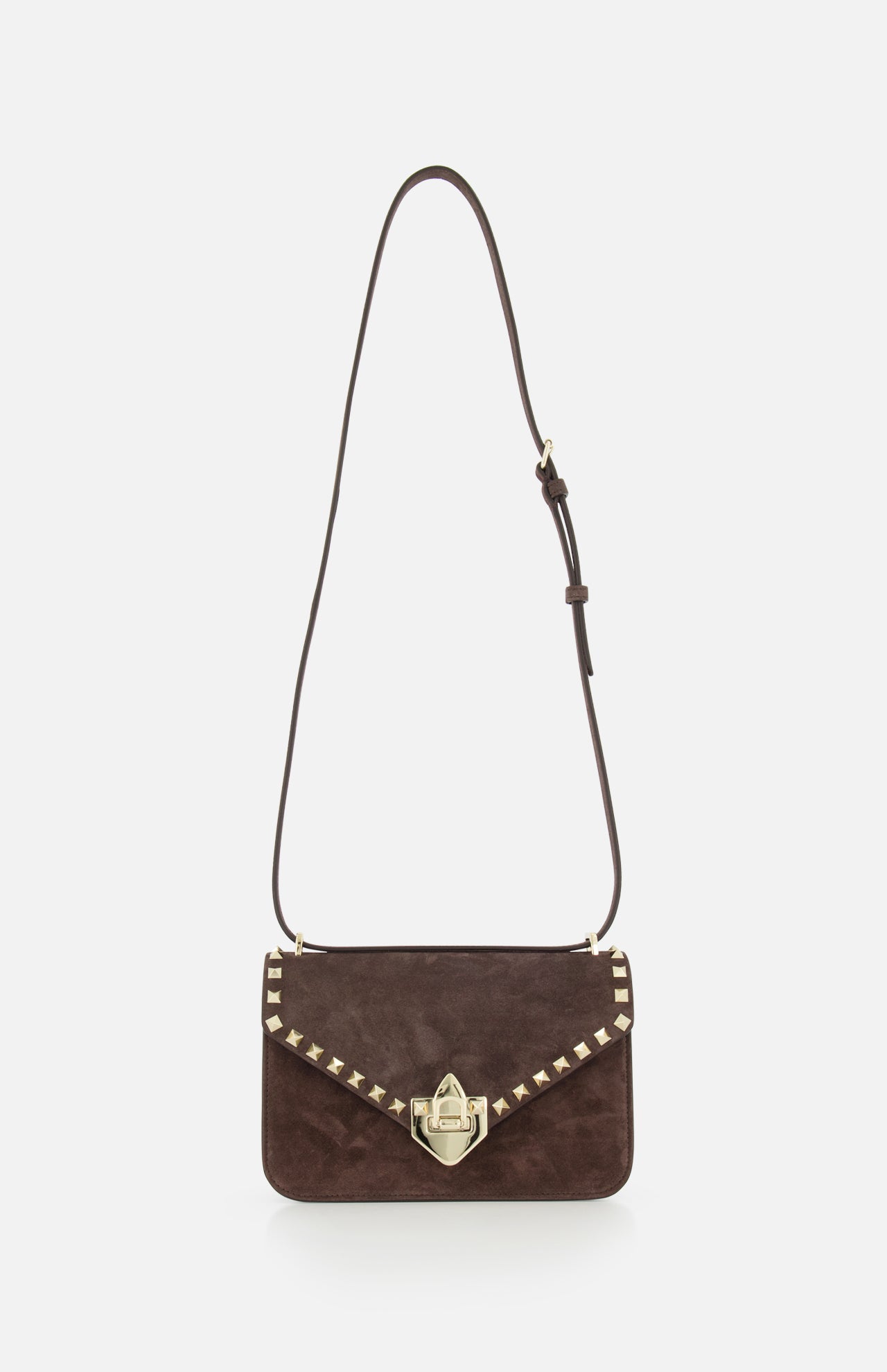The VALENTINO GARAVANI Rockstud Small Suede Shoulder Bag in brown features gold-tone rockstud trim on the flap, a gold clasp closure, and an adjustable strap, shown against a white background.