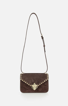 The VALENTINO GARAVANI Rockstud Small Suede Shoulder Bag in brown features gold-tone rockstud trim on the flap, a gold clasp closure, and an adjustable strap, shown against a white background.