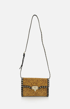 The VALENTINO GARAVANI Rockstud Small Leopard Print Shoulder Bag features pony-effect calfskin with black trim, a silver clasp, and a rockstud-adorned black strap. Shown against a plain white background.