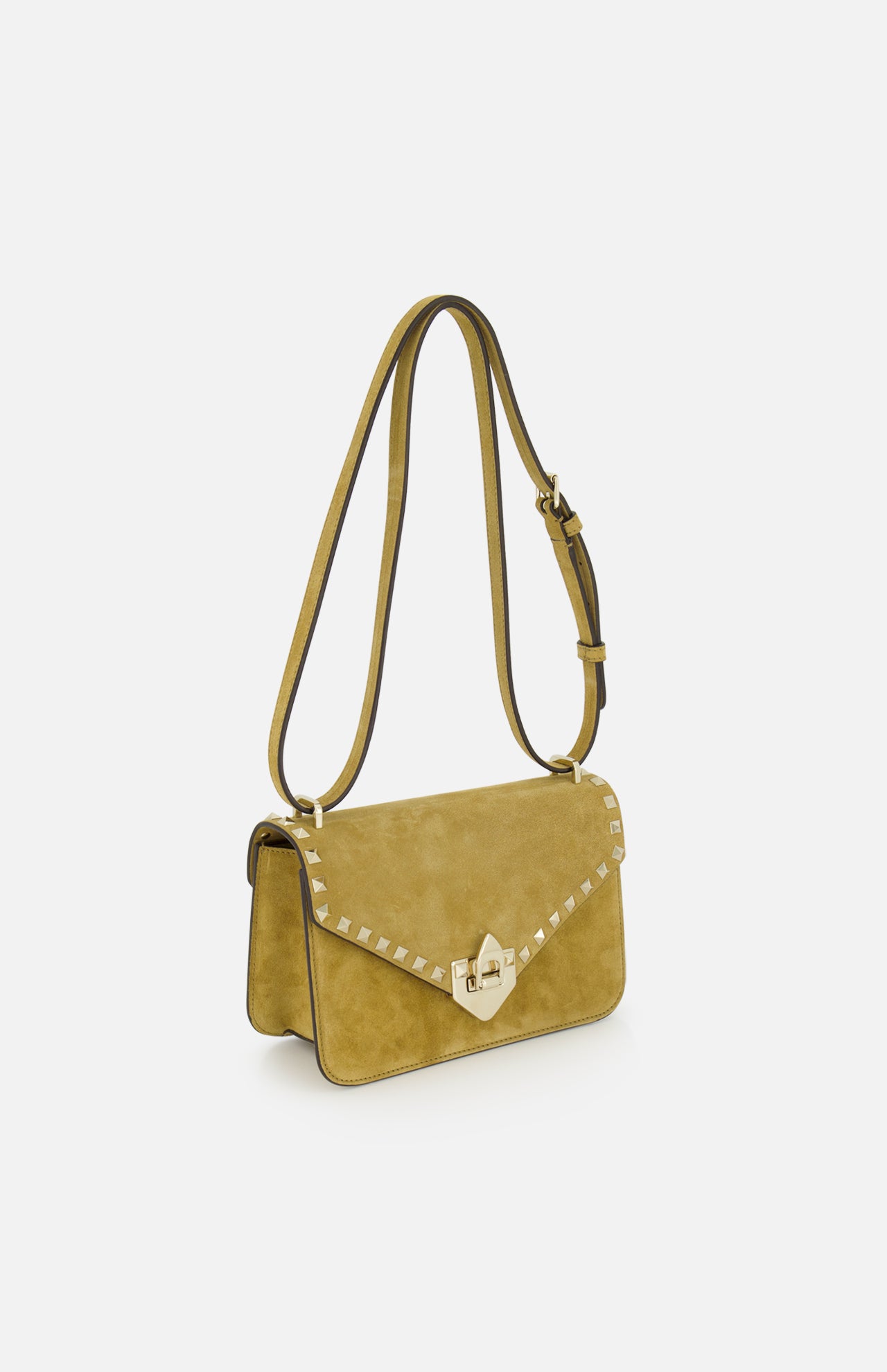 The VALENTINO GARAVANI Rockstud Small Shoulder Bag in mustard yellow suede features gold hardware, an adjustable strap, and a flap closure with signature rockstud trim. Shown on a plain white background.