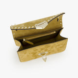 The VALENTINO GARAVANI Rockstud Small Shoulder Bag features gold leather, a flap opening with a zippered inner pocket, gold clasp, and signature rockstud trim along the edge.