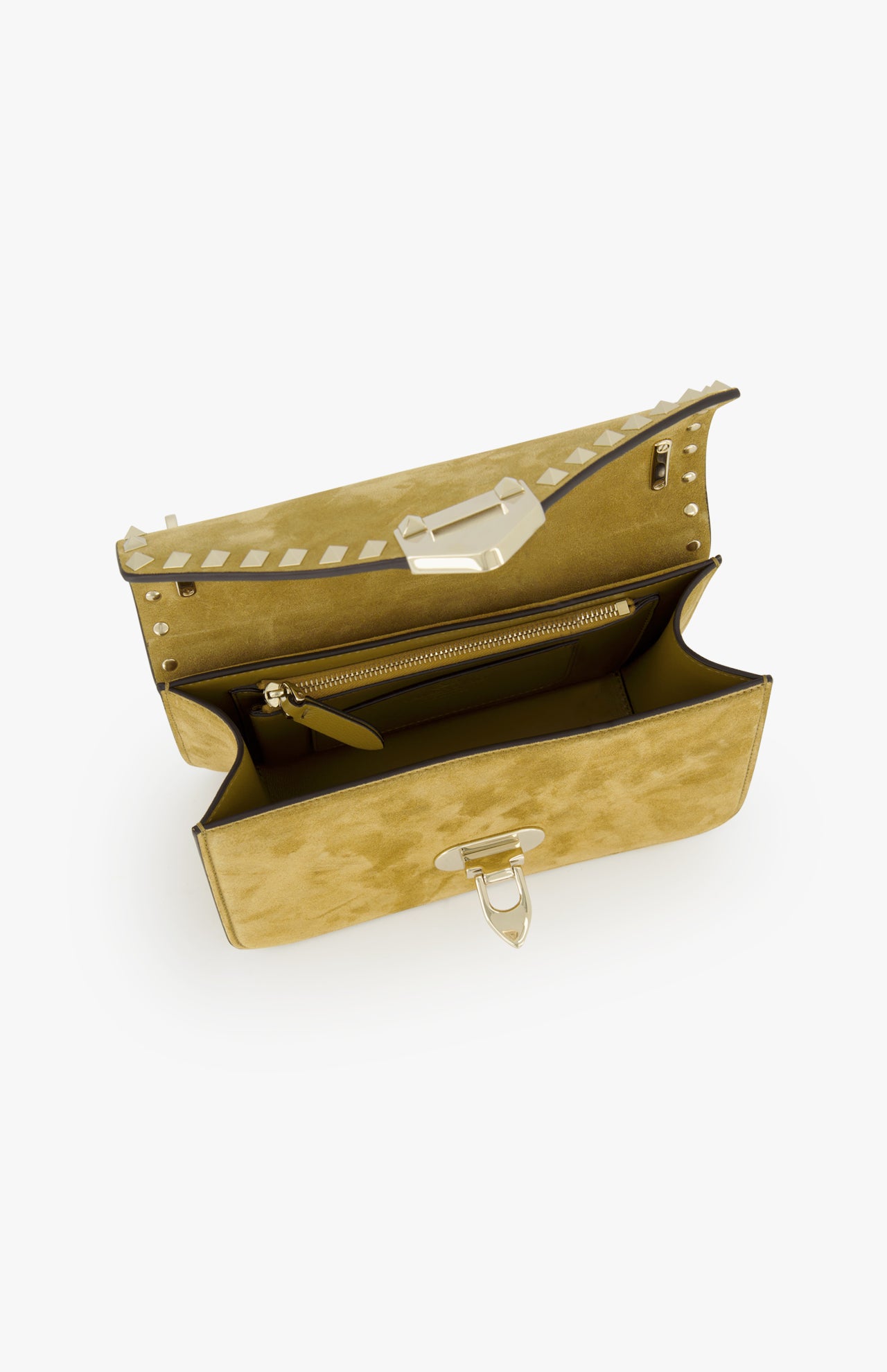 The VALENTINO GARAVANI Rockstud Small Shoulder Bag features gold leather, a flap opening with a zippered inner pocket, gold clasp, and signature rockstud trim along the edge.