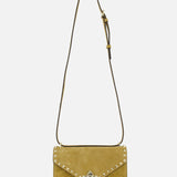The Rockstud Small Shoulder Bag by VALENTINO GARAVANI features mustard yellow suede, a long adjustable strap, gold-tone hardware, signature gold rockstud trim on the flap, a triangular front clasp, and a sleek rectangular shape.