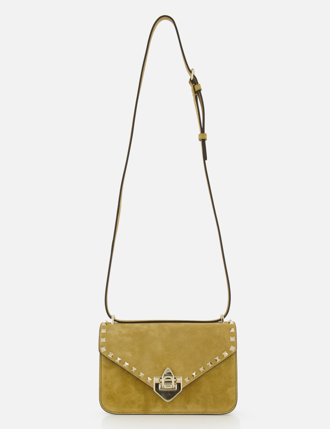 The Rockstud Small Shoulder Bag by VALENTINO GARAVANI features mustard yellow suede, a long adjustable strap, gold-tone hardware, signature gold rockstud trim on the flap, a triangular front clasp, and a sleek rectangular shape.