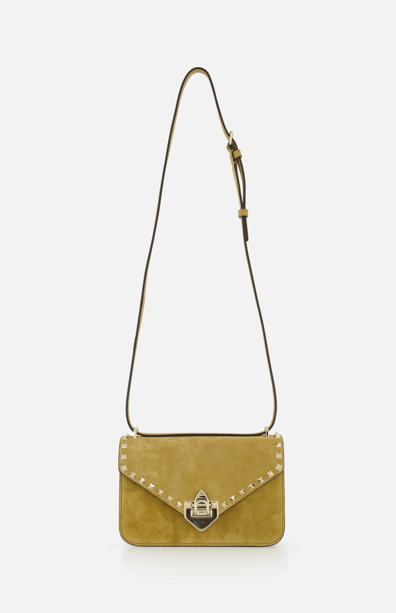 The Rockstud Small Shoulder Bag by VALENTINO GARAVANI features mustard yellow suede, a long adjustable strap, gold-tone hardware, signature gold rockstud trim on the flap, a triangular front clasp, and a sleek rectangular shape.