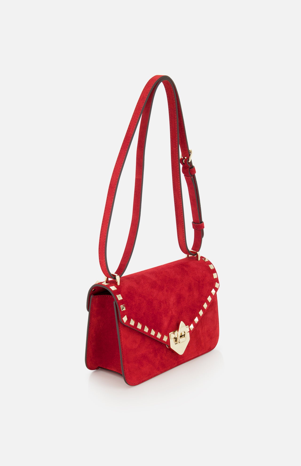 The VALENTINO GARAVANI Rockstud Small Suede Shoulder Bag features lipstick red suede, rockstud trim on the flap, a gold clasp closure, and an adjustable strap.