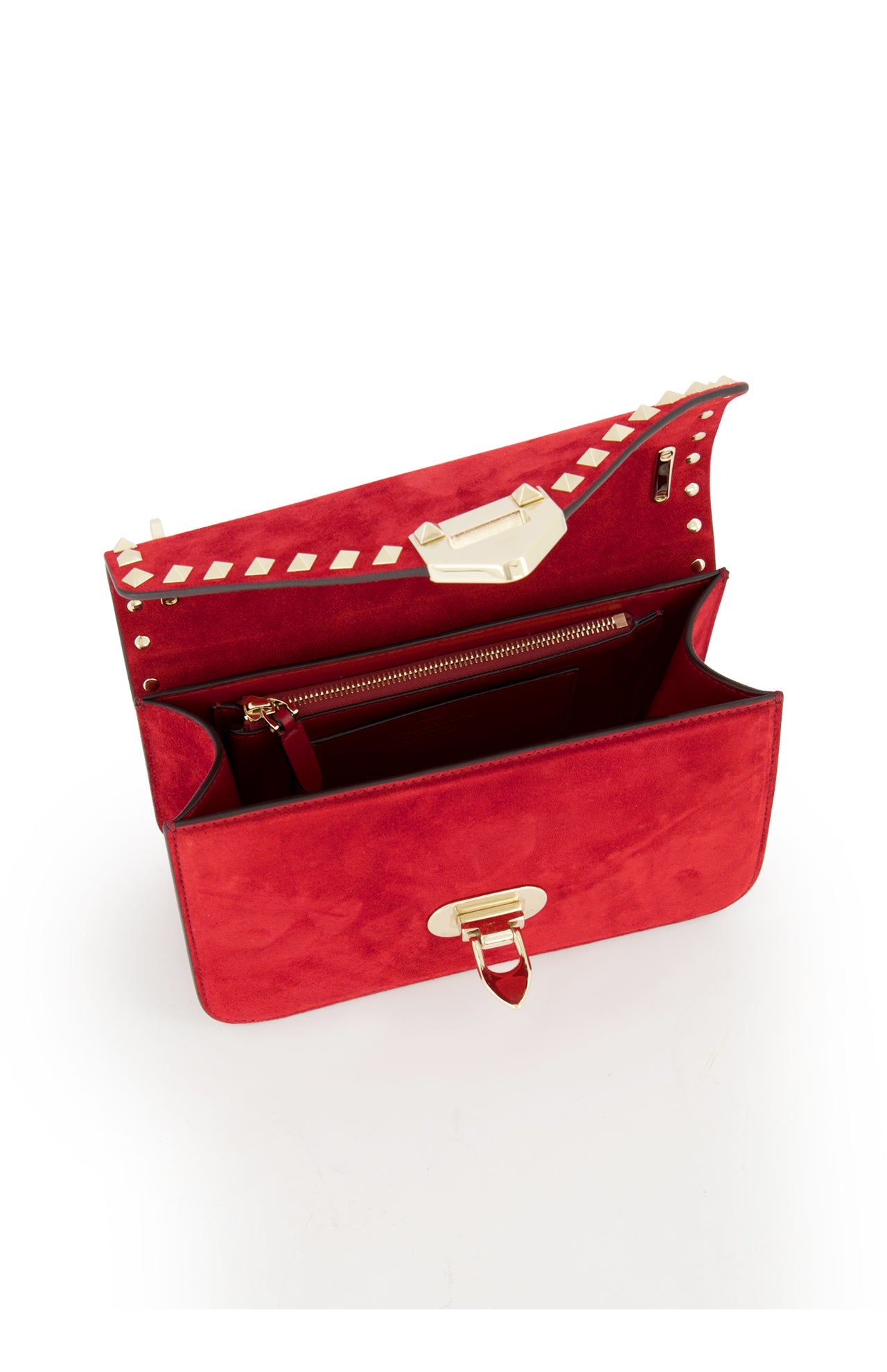 The VALENTINO GARAVANI Rockstud Small Suede Shoulder Bag features lipstick red suede, gold hardware, signature rockstud trim, a zippered pocket, and a spacious main compartment, shown against a white background.