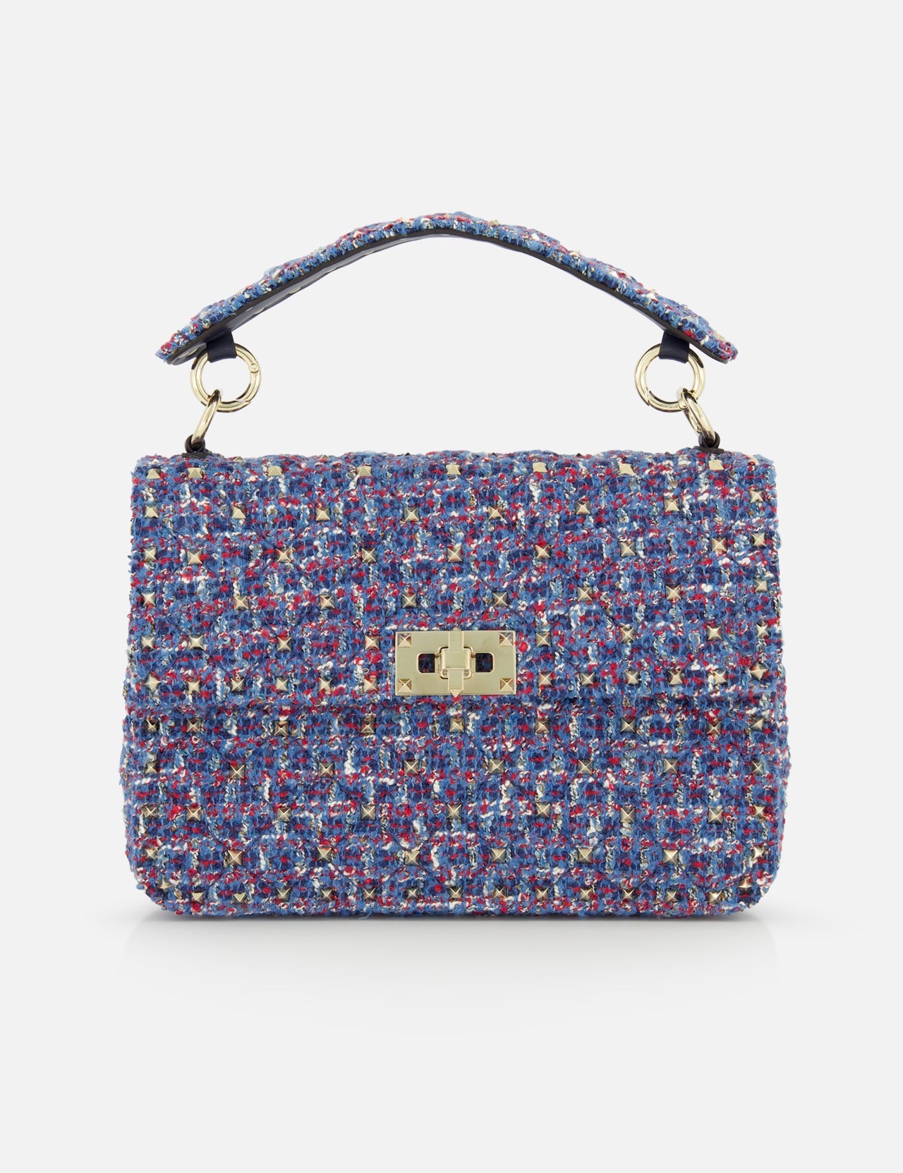 The Rockstud Spike Medium Shoulder Bag by VALENTINO GARAVANI is crafted from multicolored tweed fabric, featuring a short handle and a gold-tone rectangular clasp on the front flap, and is designed to double as a chic shoulder bag.