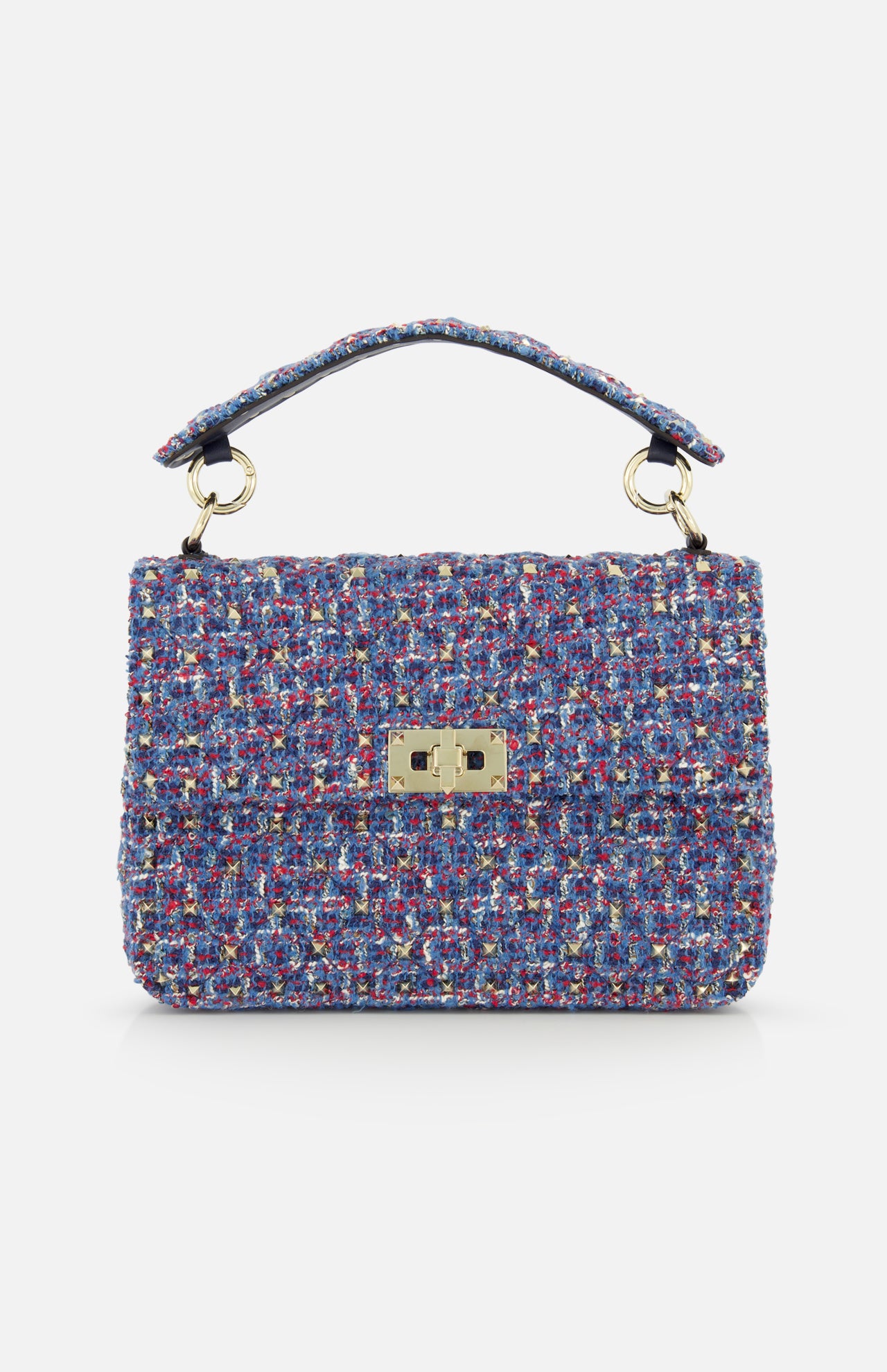 The Rockstud Spike Medium Shoulder Bag by VALENTINO GARAVANI is crafted from multicolored tweed fabric, featuring a short handle and a gold-tone rectangular clasp on the front flap, and is designed to double as a chic shoulder bag.