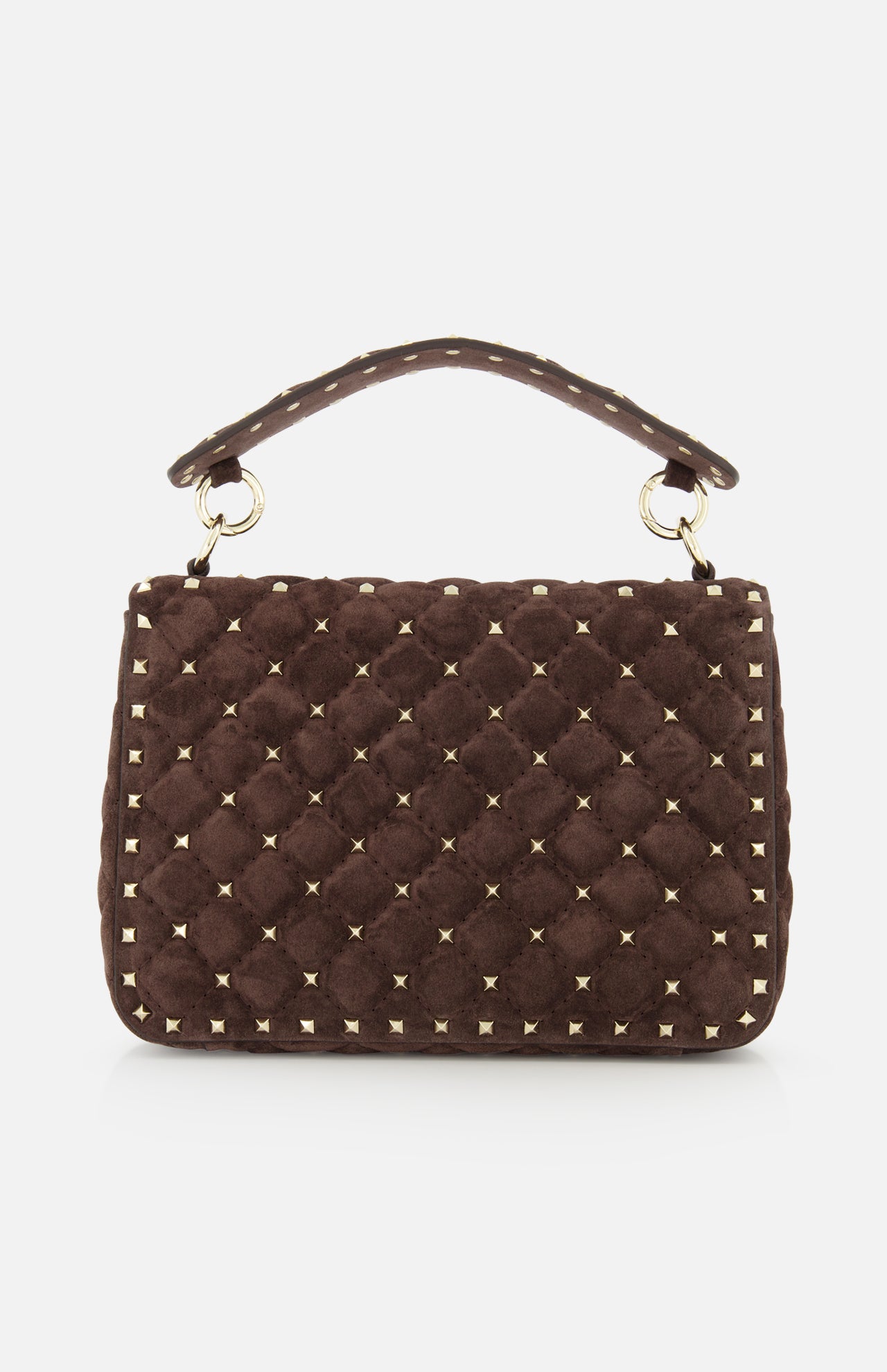 The Rockstud Spike Medium Shoulder Bag by VALENTINO GARAVANI is a dark brown suede quilted crossbody, embellished with gold-tone micro rockstuds and elegant gold hardware, featuring a top handle and displayed against a white background.