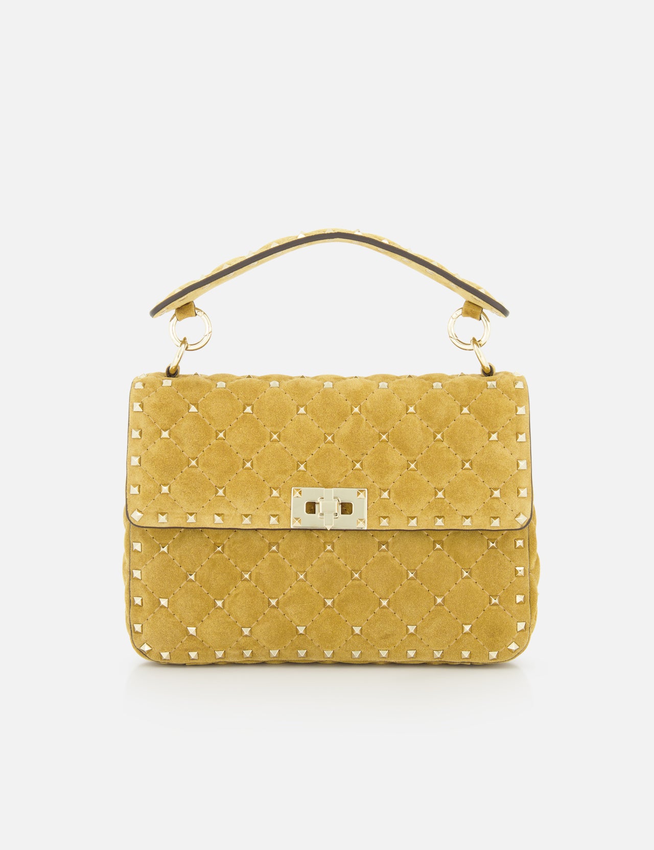 The VALENTINO GARAVANI Rockstud Spike Medium Shoulder Bag is a yellow quilted handbag accented with signature gold studs, featuring a top handle, a rectangular gold clasp on the front, and a detachable chain strap for versatile carrying options. It is displayed on a white background.