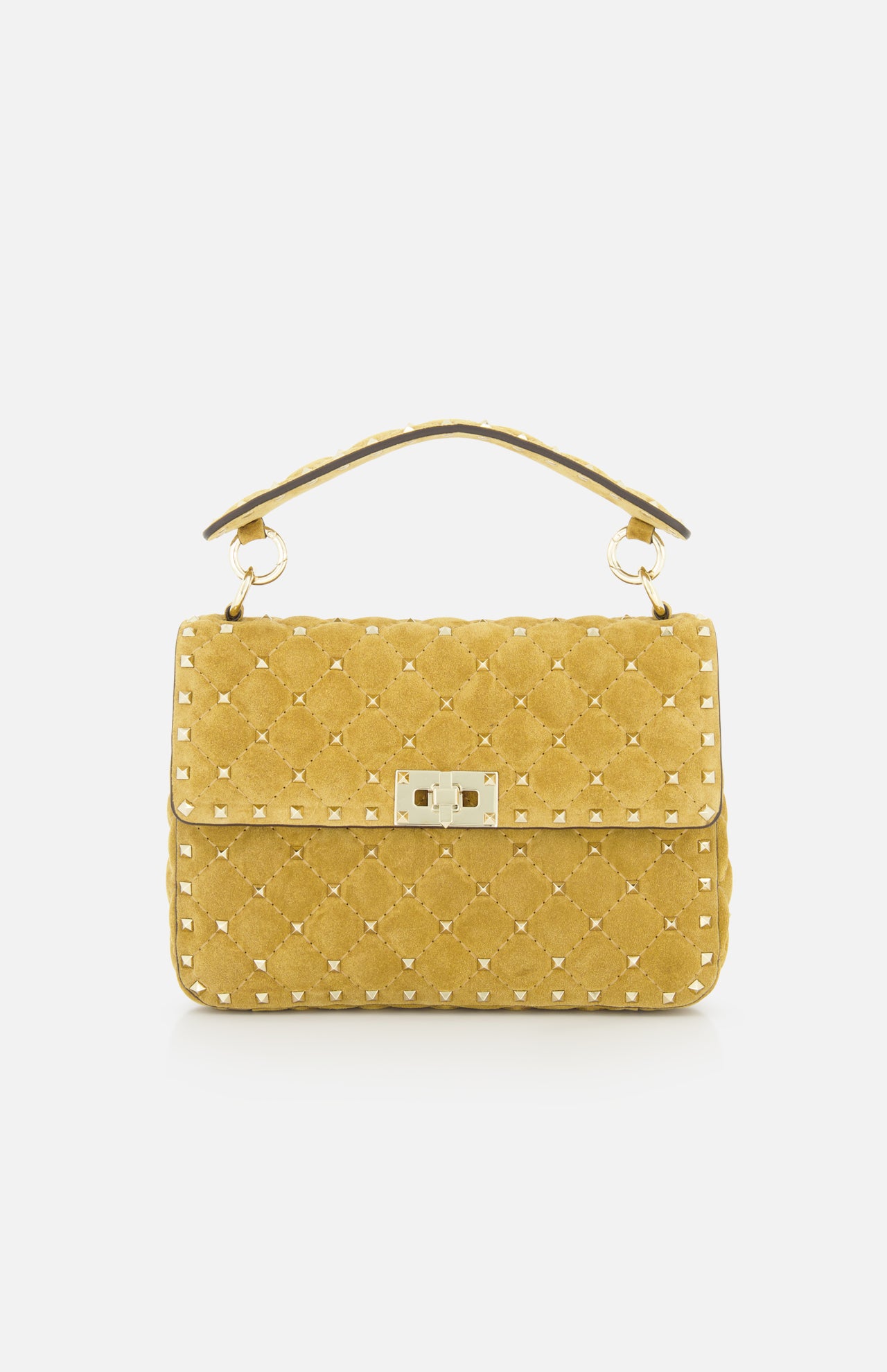 The VALENTINO GARAVANI Rockstud Spike Medium Shoulder Bag is a yellow quilted handbag accented with signature gold studs, featuring a top handle, a rectangular gold clasp on the front, and a detachable chain strap for versatile carrying options. It is displayed on a white background.