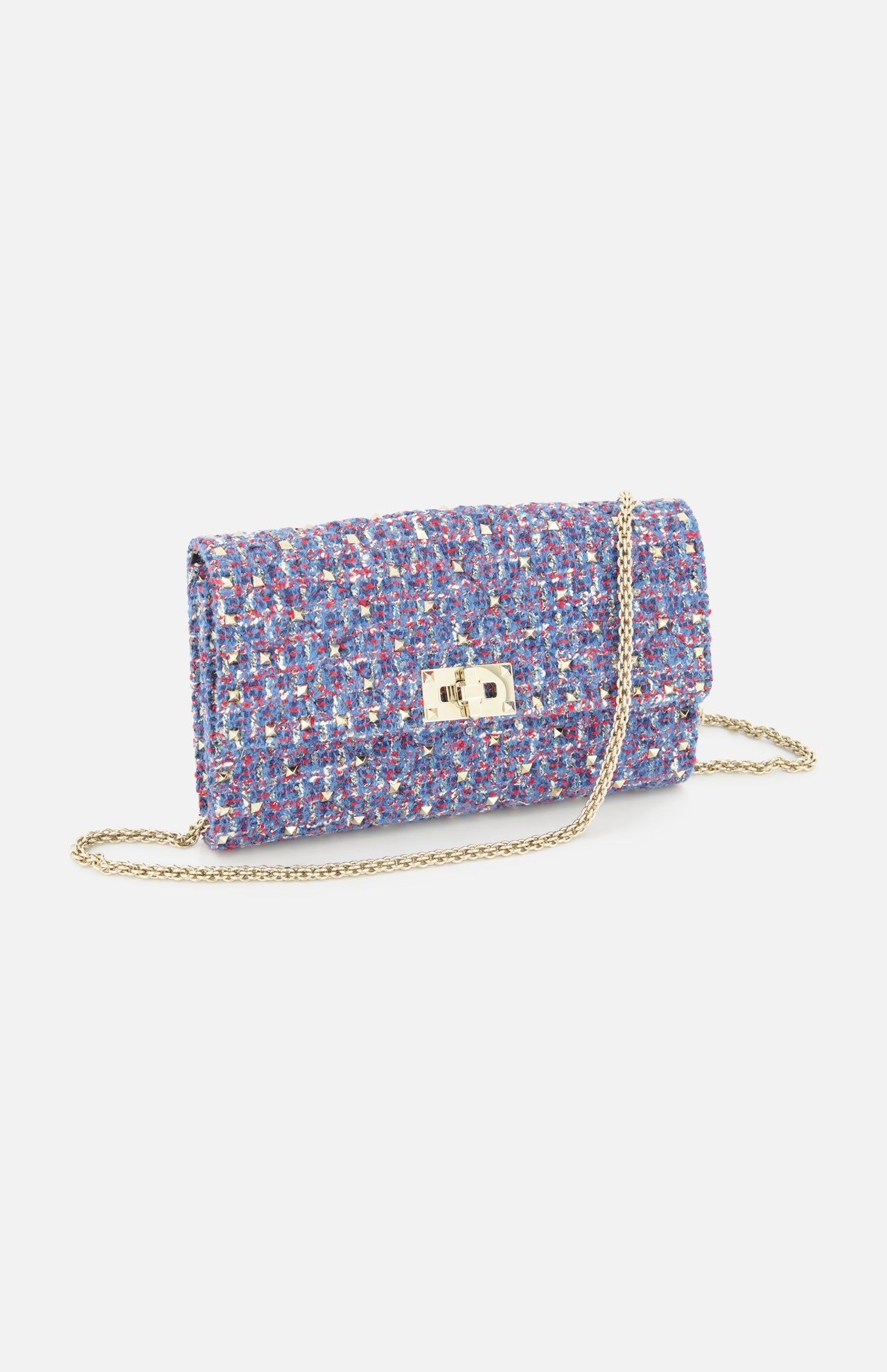 The VALENTINO GARAVANI Rockstud Spike Shoulder Bag, featuring a small rectangular silhouette with a multicolored tweed pattern, gold clasp, and removable chain strap, is elegantly displayed against a white background.