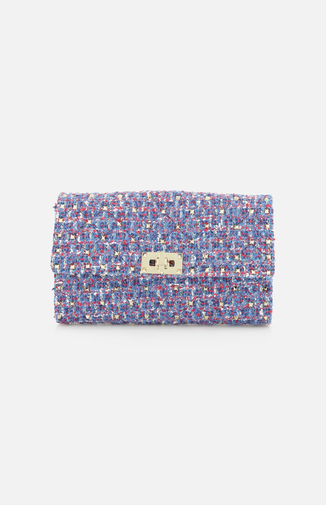The Rockstud Spike Shoulder Bag by VALENTINO GARAVANI is a rectangular shoulder bag crafted from textured, multicolored tweed fabric, featuring a gold-tone turn-lock closure and a removable chain strap, displayed against a plain white background.
