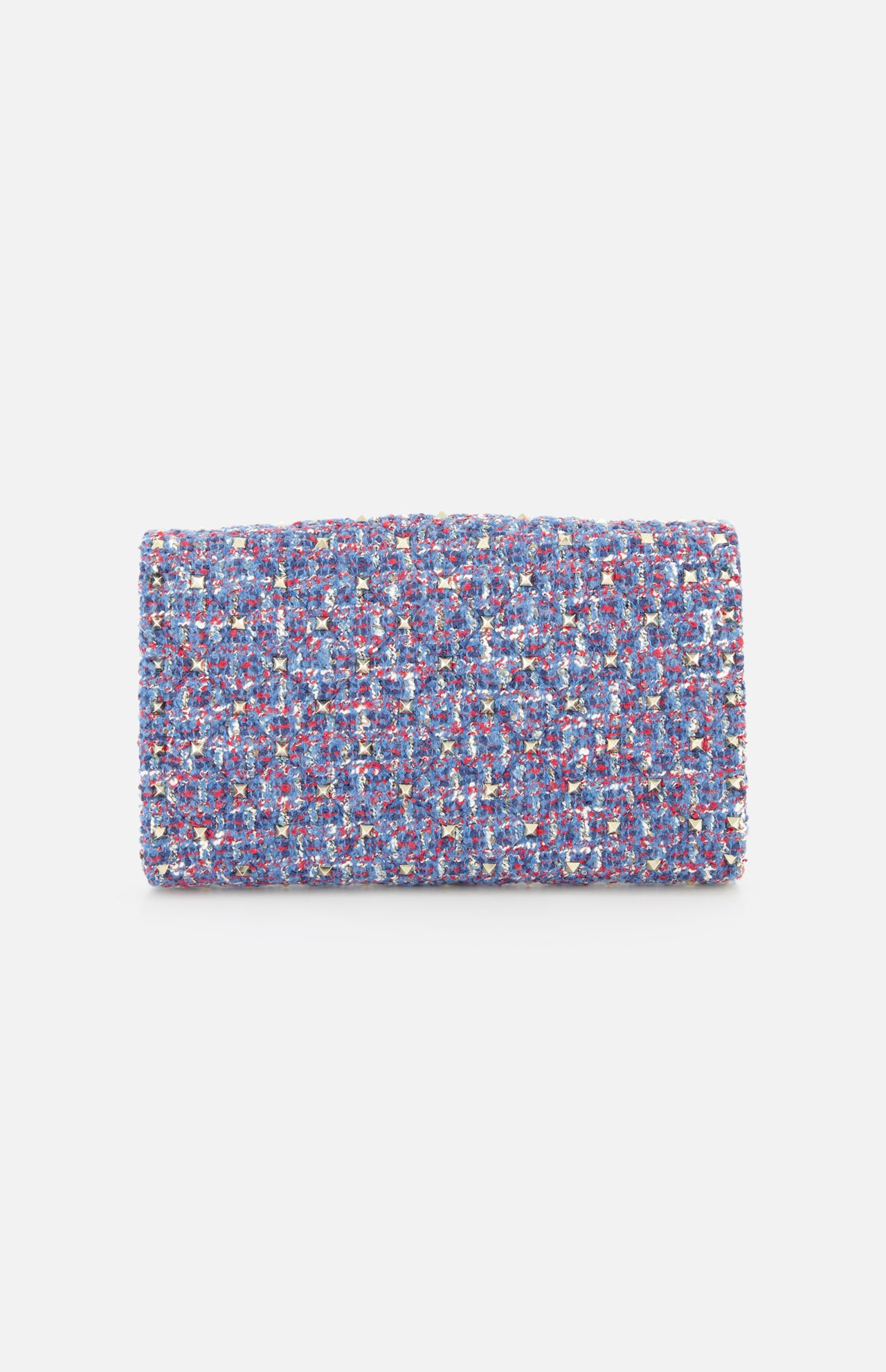 Introducing the VALENTINO GARAVANI Rockstud Spike Shoulder Bag—a rectangular clutch adorned with textured, multicolored woven fabric in shades of blue, purple, pink, and white. Displayed against a plain white background, this chic design features a removable chain strap for versatile styling as either a classic handheld accessory or an elegant shoulder bag.