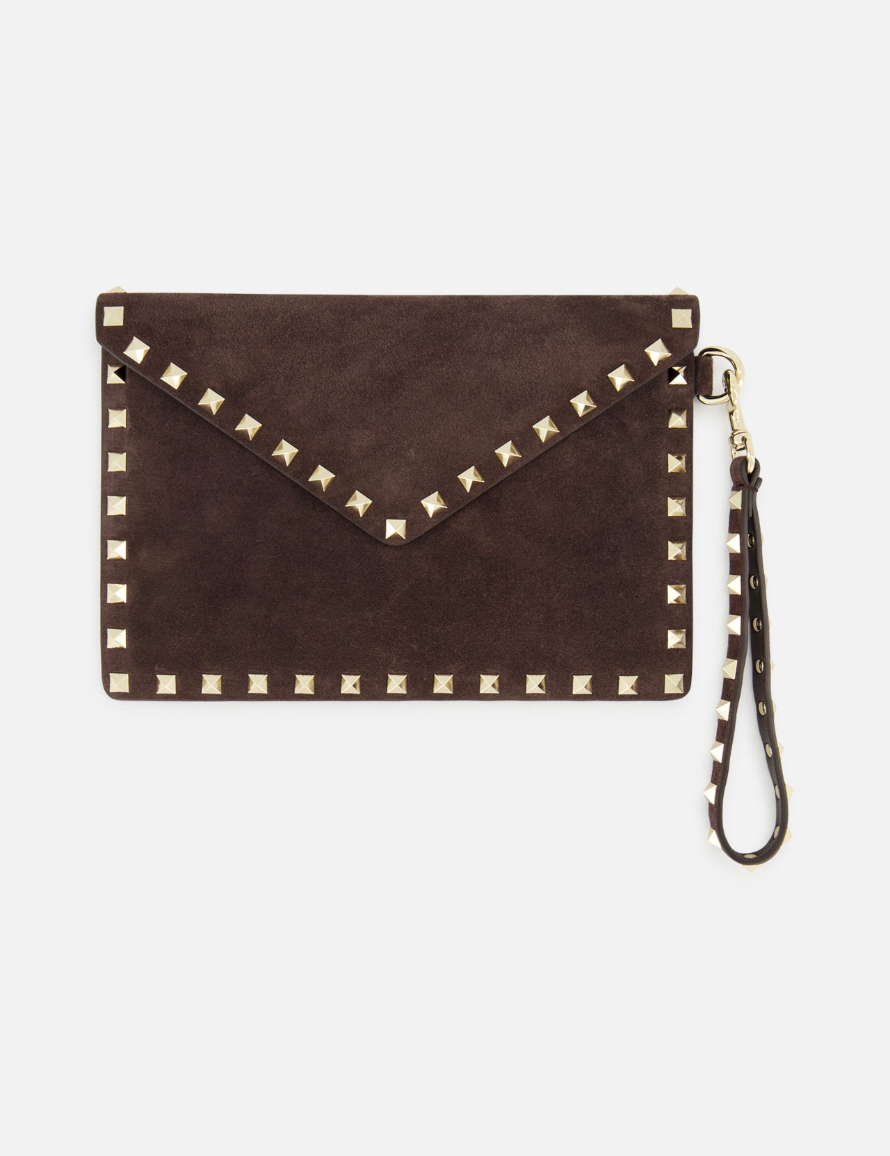 The VALENTINO GARAVANI Rockstud Suede Medium Flat Pouch, crafted in a rich dark brown suede, features signature gold pyramid studs outlining the envelope silhouette and includes a detachable matching wrist strap. Set against a plain white background, this designer wristlet is both timeless and eye-catching—a sophisticated rockstud-trim clutch perfect for any occasion.