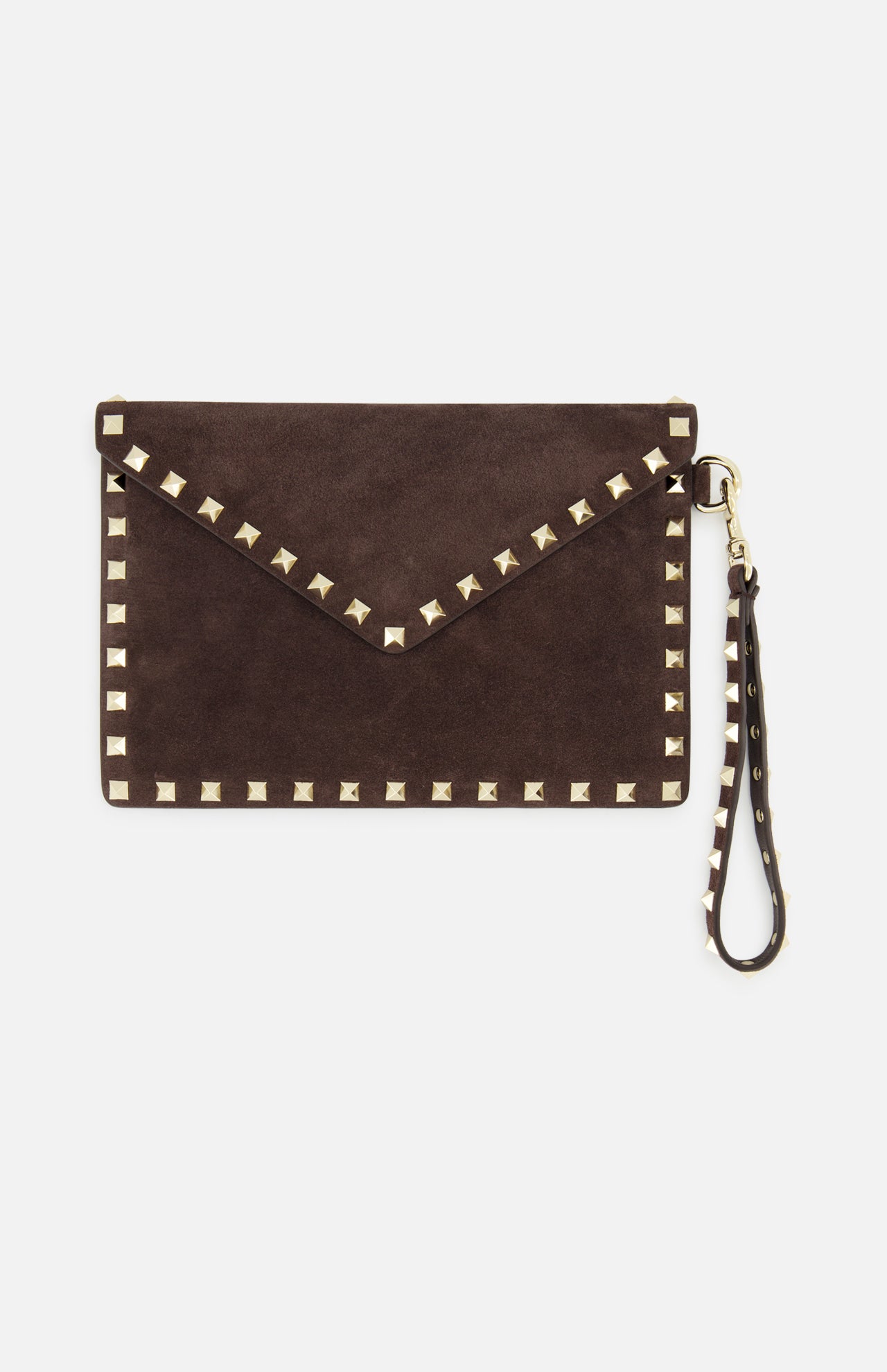 The VALENTINO GARAVANI Rockstud Suede Medium Flat Pouch, crafted in a rich dark brown suede, features signature gold pyramid studs outlining the envelope silhouette and includes a detachable matching wrist strap. Set against a plain white background, this designer wristlet is both timeless and eye-catching—a sophisticated rockstud-trim clutch perfect for any occasion.
