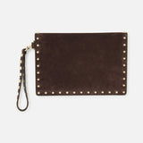 Introducing the VALENTINO GARAVANI Rockstud Suede Medium Flat Pouch—a medium-sized dark chocolate brown suede envelope pouch accented with signature gold-tone Rockstud detailing along the edges and a matching studded wrist strap at the top corner, offering an elegant yet edgy designer touch.