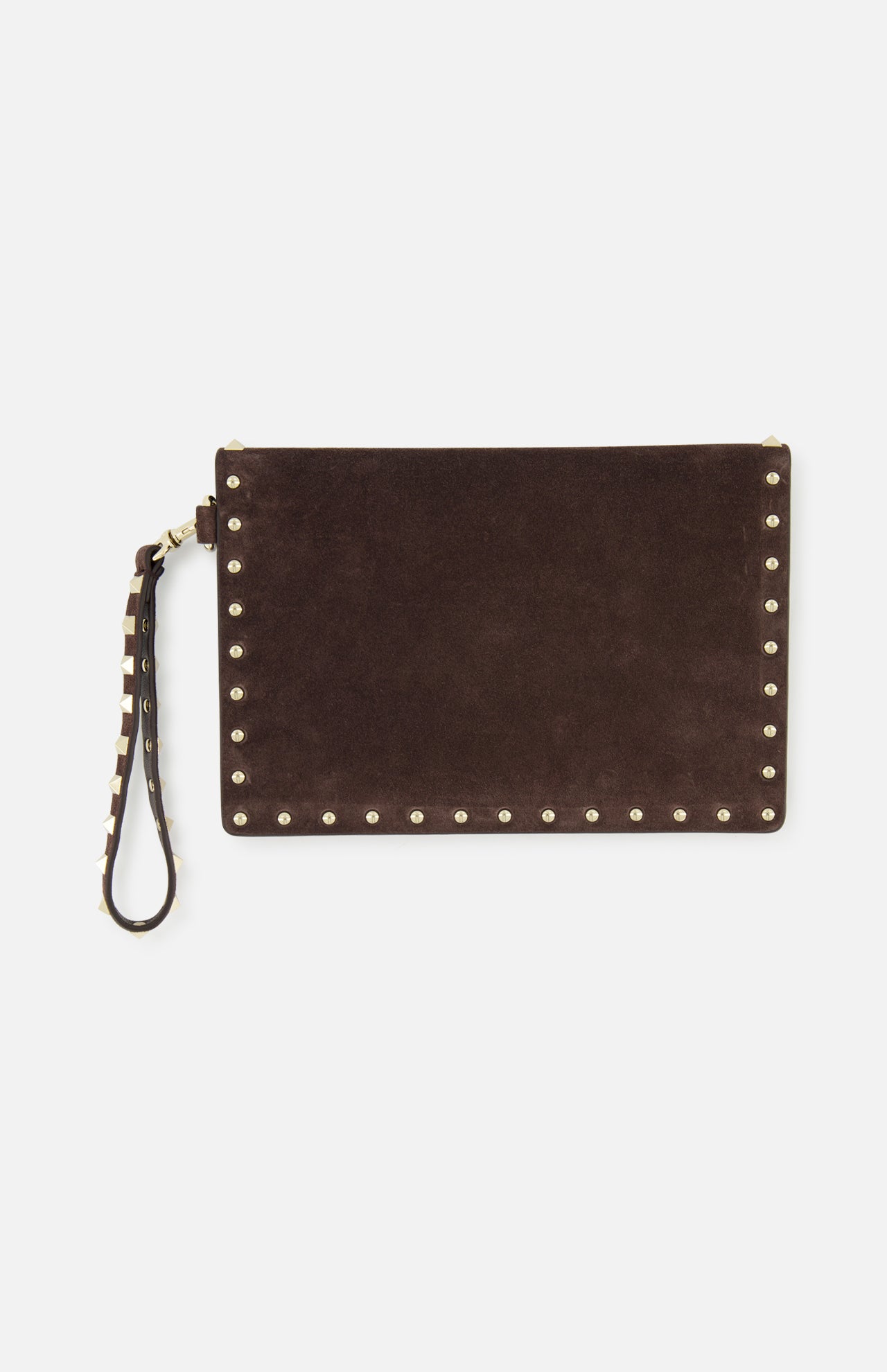 Introducing the VALENTINO GARAVANI Rockstud Suede Medium Flat Pouch—a medium-sized dark chocolate brown suede envelope pouch accented with signature gold-tone Rockstud detailing along the edges and a matching studded wrist strap at the top corner, offering an elegant yet edgy designer touch.