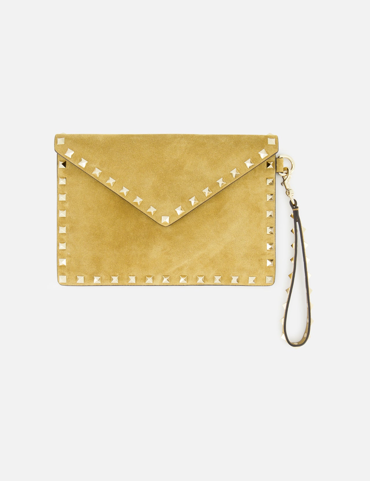 The VALENTINO GARAVANI Rockstud Suede Medium Flat Pouch is a tan suede clutch accented with signature gold-tone pyramid studs along the edges and features a detachable wrist strap, shown against a white background.