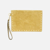 The VALENTINO GARAVANI Rockstud Suede Medium Flat Pouch is crafted from yellow suede, accented by signature rockstud trim along the edges. It features a detachable wrist strap adorned with matching studs, showcased against a plain white background.