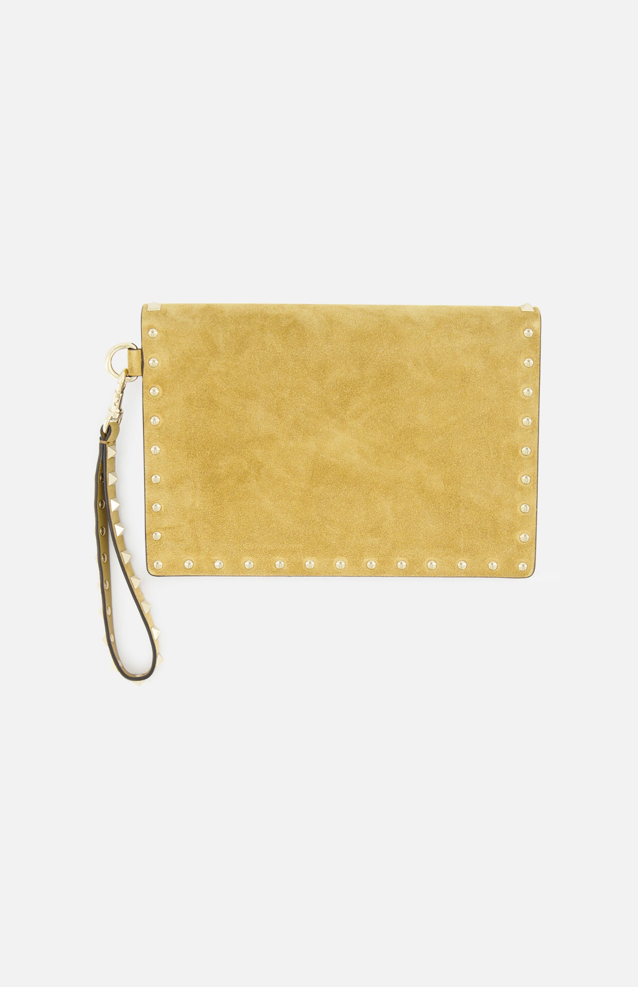 The VALENTINO GARAVANI Rockstud Suede Medium Flat Pouch is crafted from yellow suede, accented by signature rockstud trim along the edges. It features a detachable wrist strap adorned with matching studs, showcased against a plain white background.