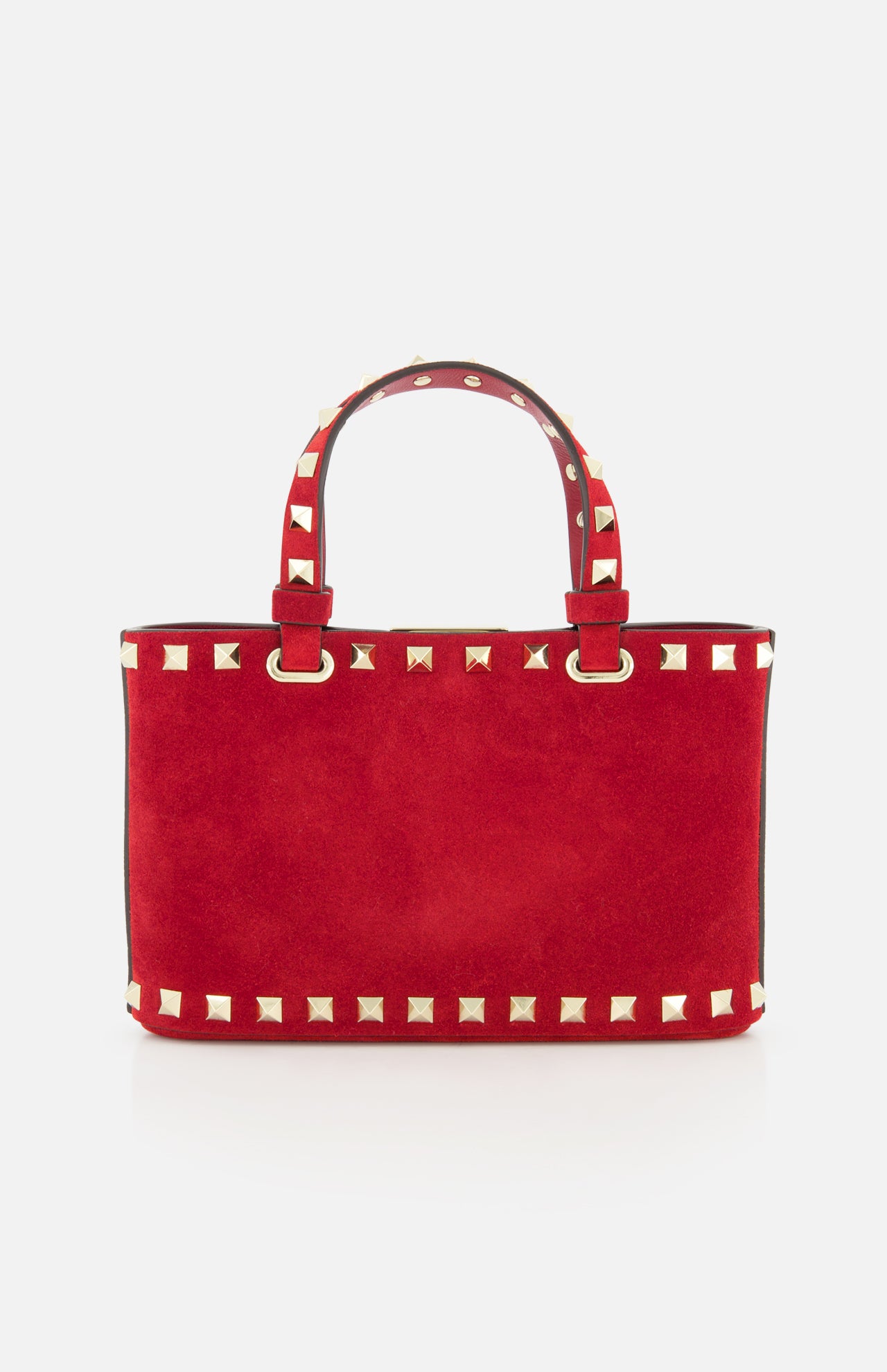 The VALENTINO GARAVANI Rockstud Suede Mini Bag with Chain Strap features gold pyramid studs along the red suede edges and handles, displayed against a white background.