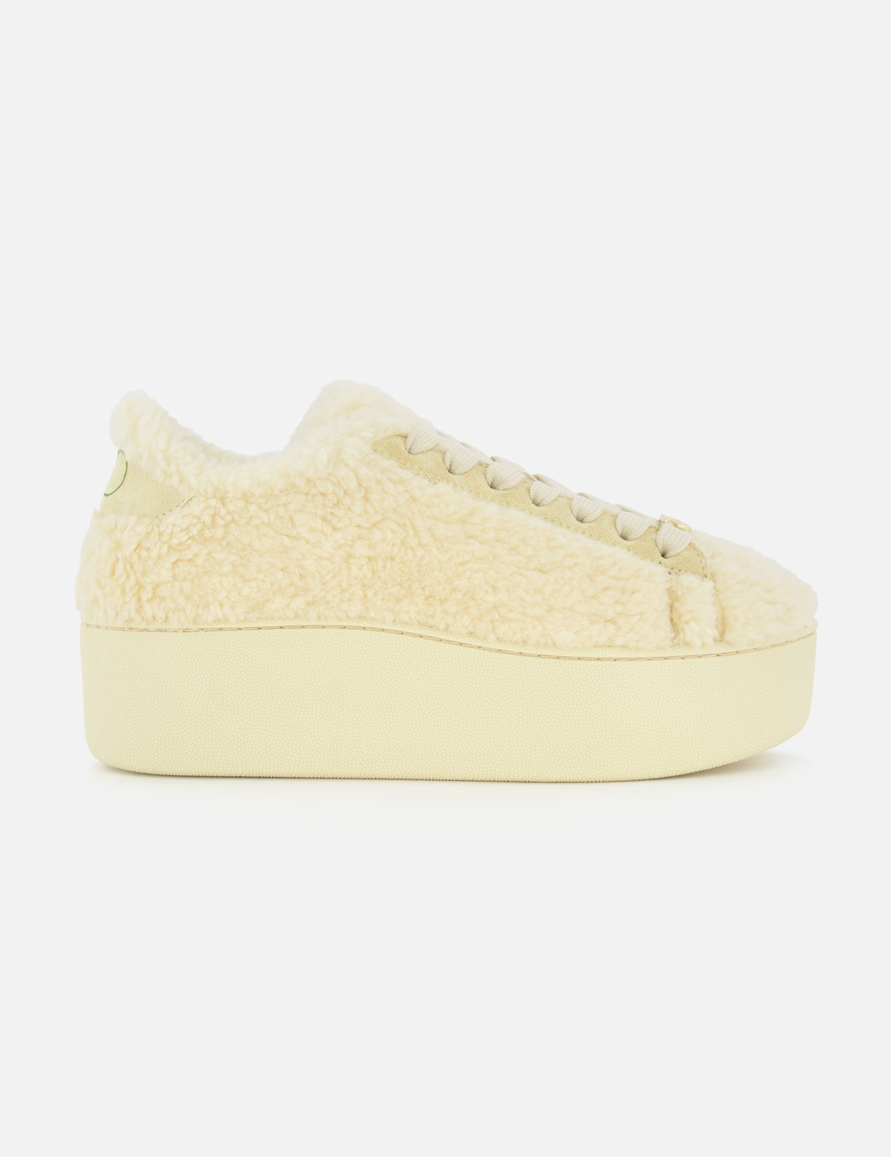 The VALENTINO GARAVANI Royco Shearling Platform Sneaker, featuring a beige hue and a plush, shearling-like upper, is displayed from the side against a plain white background.