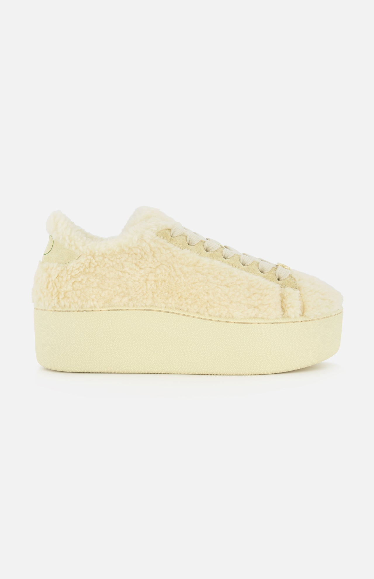 The VALENTINO GARAVANI Royco Shearling Platform Sneaker, featuring a beige hue and a plush, shearling-like upper, is displayed from the side against a plain white background.
