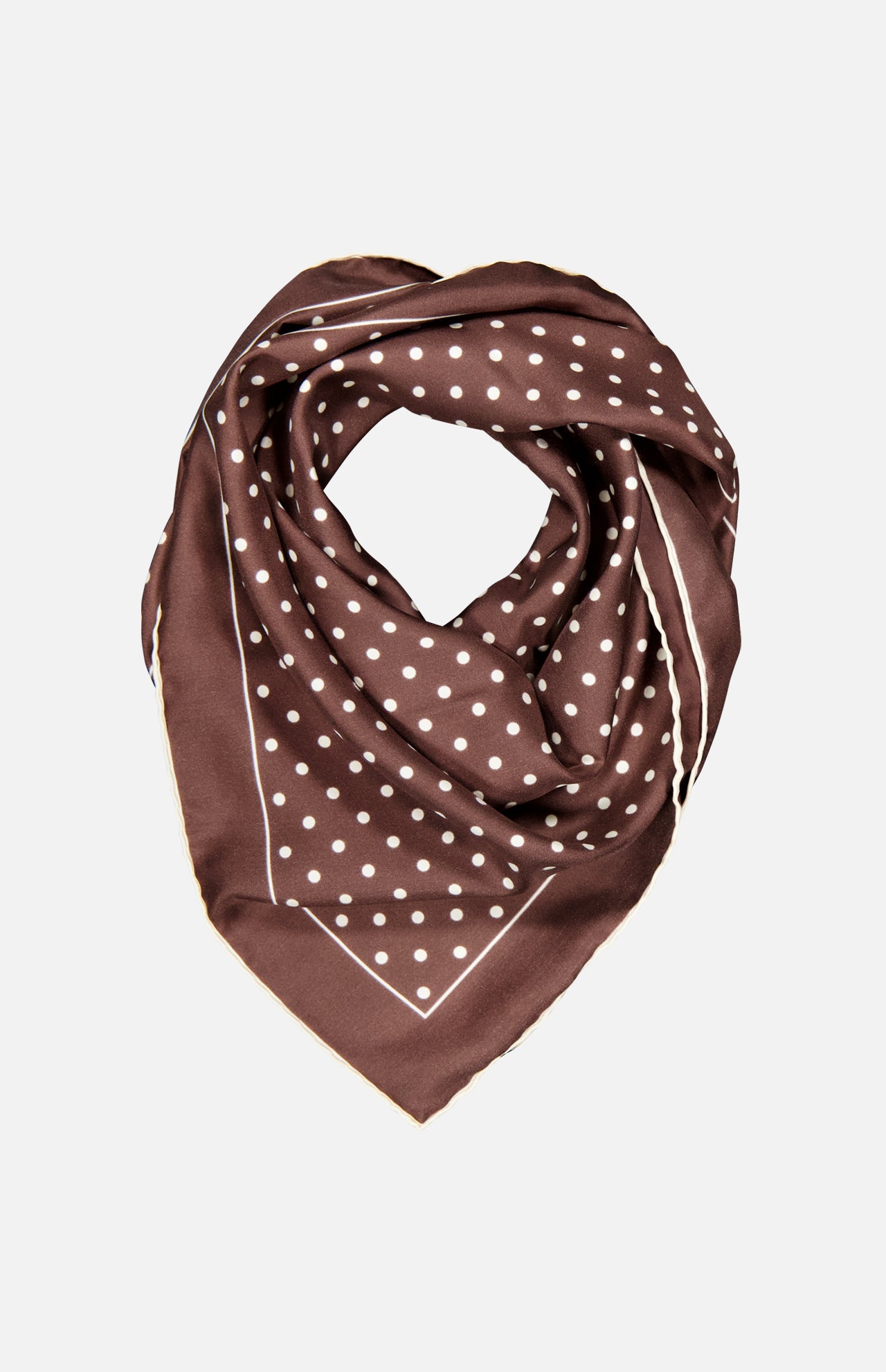 The VALENTINO GARAVANI Shawls Fouland Silk Scarf is a brown designer square accessory with white polka dots and a thin white border, shown folded in a triangle on a plain light background.