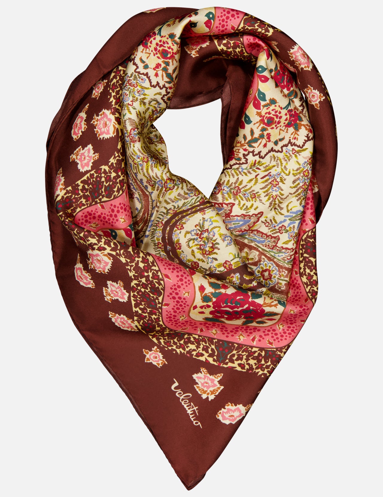 The Shawls Floral Foulard Scarf by VALENTINO GARAVANI features a rich brown border and intricate floral prints in pink, red, yellow, and green—an elegant designer accessory that adds a refined touch to any ensemble.