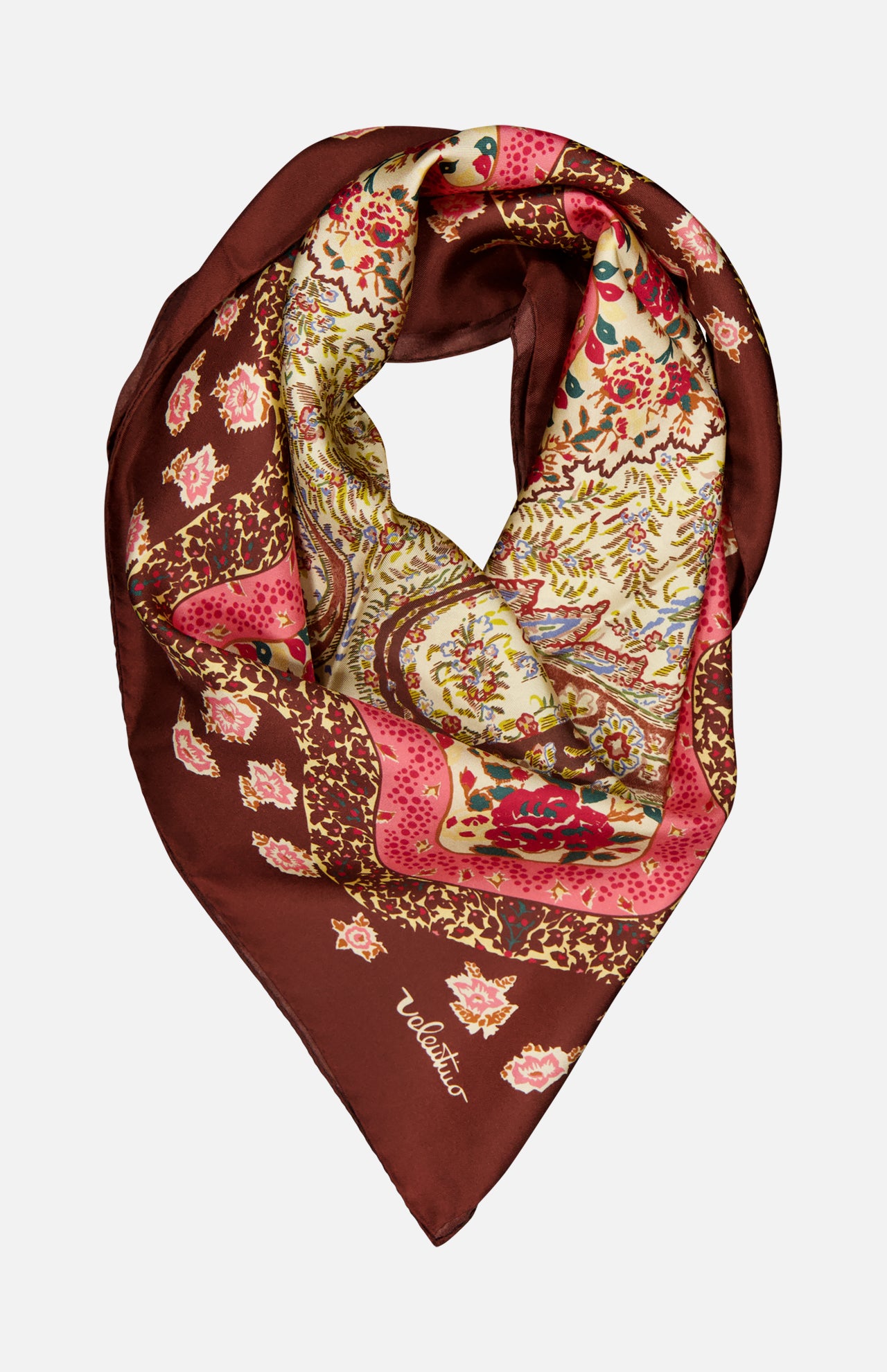 The Shawls Floral Foulard Scarf by VALENTINO GARAVANI features a rich brown border and intricate floral prints in pink, red, yellow, and green—an elegant designer accessory that adds a refined touch to any ensemble.
