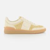 The VALENTINO GARAVANI Upvillage Raffia Sneaker features a cream and light yellow woven texture, suede accents, lace-up front, and beige rubber sole, shown in a side view on a white background.