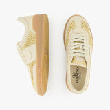 The VALENTINO GARAVANI Upvillage Raffia Sneaker, shown in beige with woven raffia details, tan rubber soles, and cream laces, is displayed in top and side views against a white background.