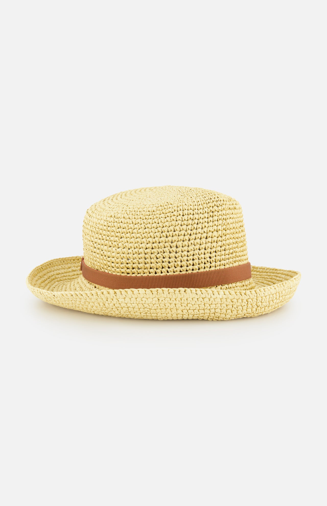 The VALENTINO GARAVANI V Logo Signature Bucket Hat is a light straw hat with a flat top, wide brim, and brown ribbon band around the crown, displayed on a plain white background.
