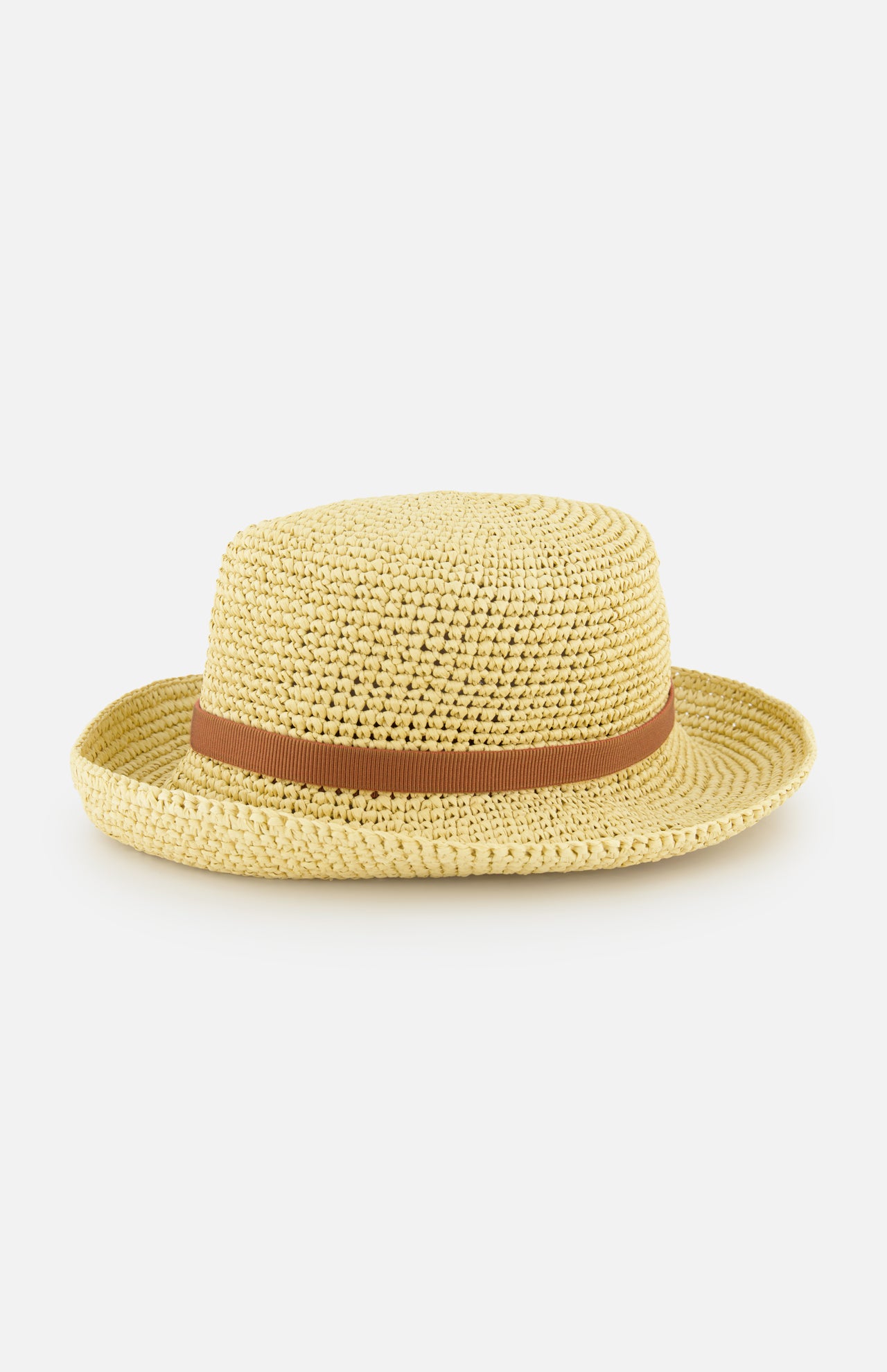 The VALENTINO GARAVANI V Logo Signature Bucket Hat is a light tan woven straw style with a short brim and brown ribbon band, crafted in Italy and shown against a white background.