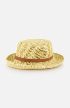 The VALENTINO GARAVANI V Logo Signature Bucket Hat is a light tan woven straw style with a short brim and brown ribbon band, crafted in Italy and shown against a white background.
