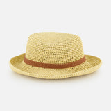 The VALENTINO GARAVANI V Logo Signature Bucket Hat features a flat crown and wide brim with a brown ribbon band, showcased on a plain white background.