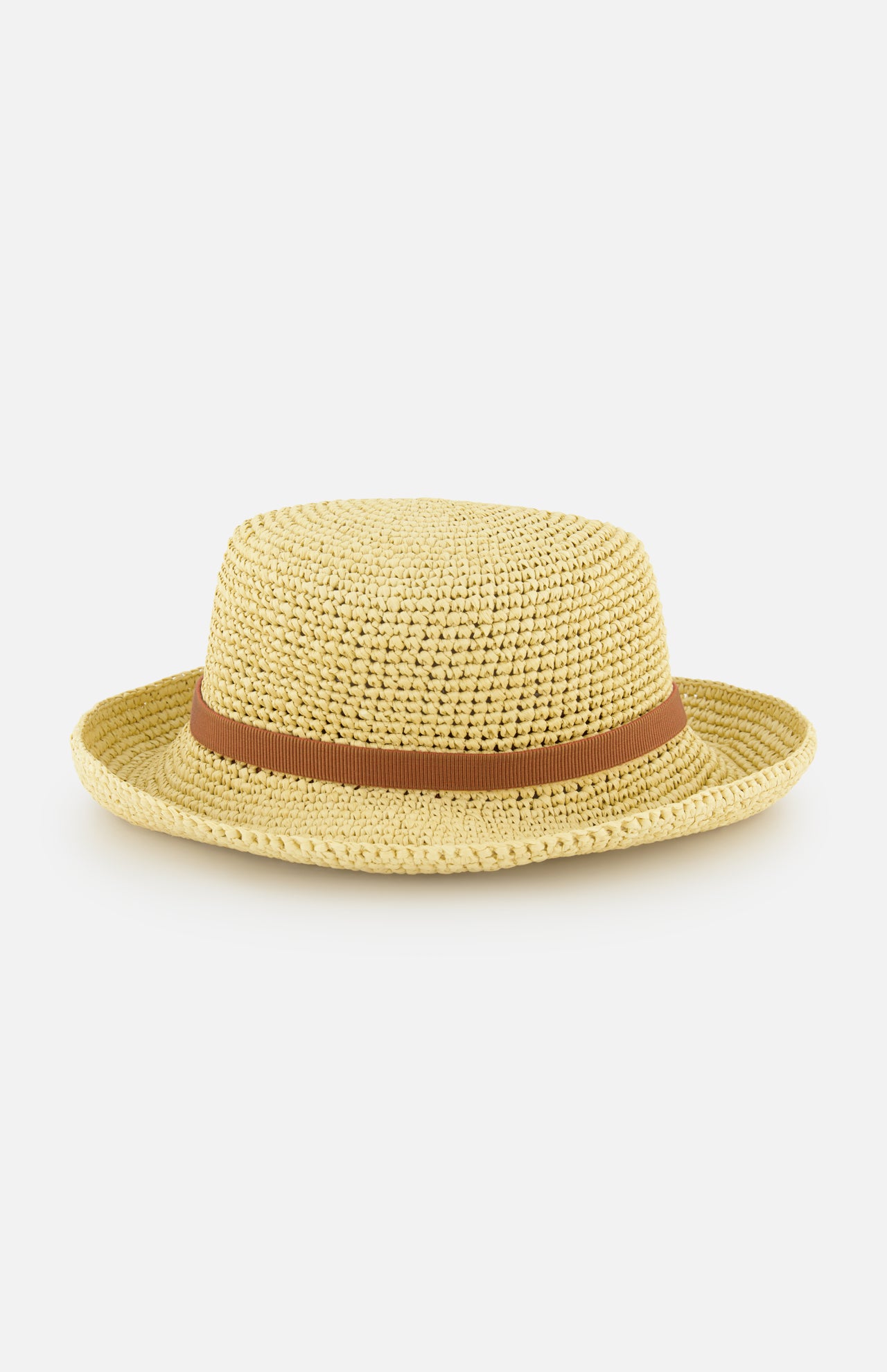 The VALENTINO GARAVANI V Logo Signature Bucket Hat features a flat crown and wide brim with a brown ribbon band, showcased on a plain white background.