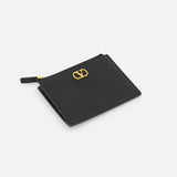 The VALENTINO GARAVANI V Logo Signature Coin Purse and Card Case in black leather features a gold-toned metal logo and multiple card slots, shown against a plain white background.