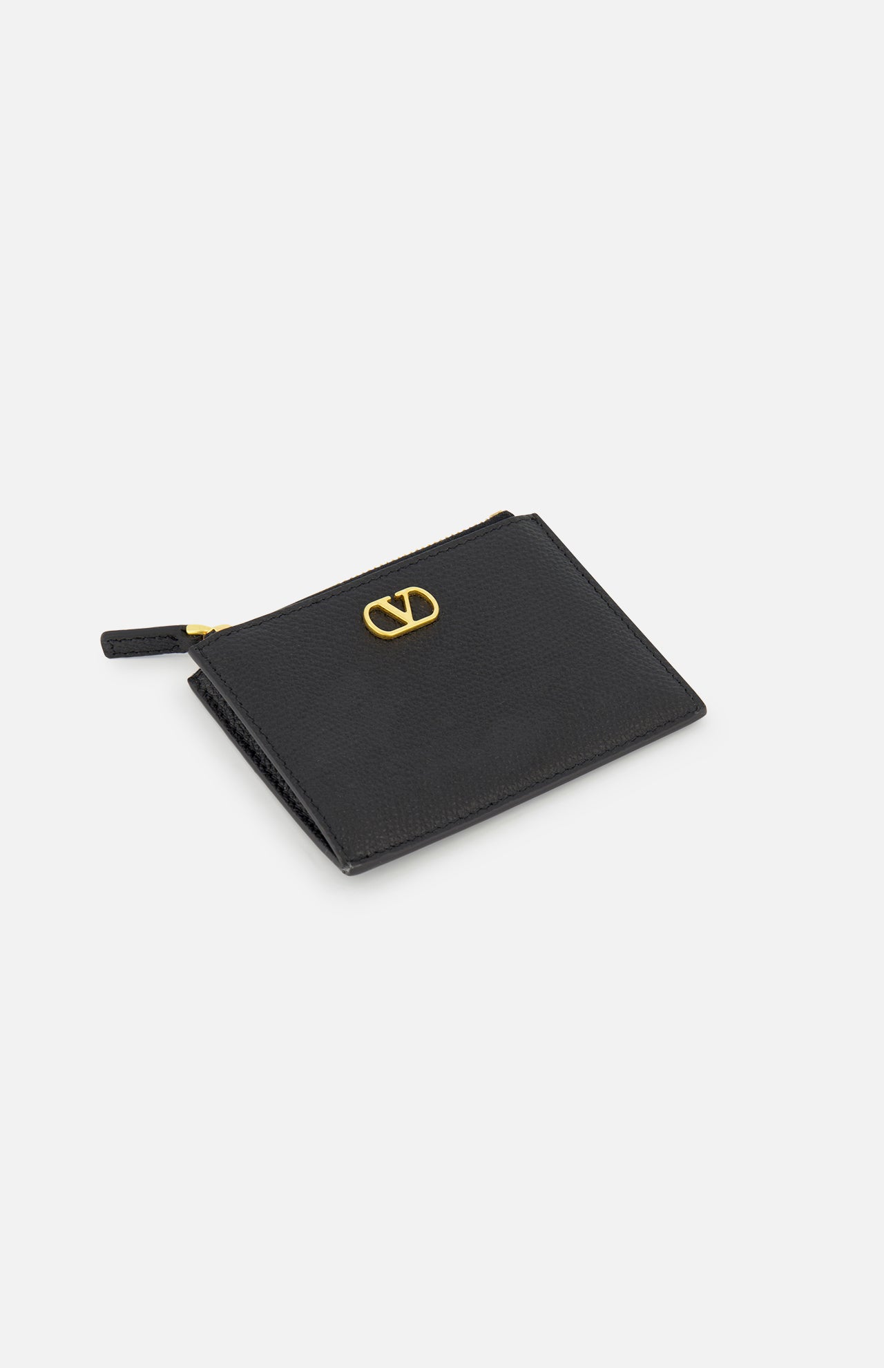 The VALENTINO GARAVANI V Logo Signature Coin Purse and Card Case in black leather features a gold-toned metal logo and multiple card slots, shown against a plain white background.