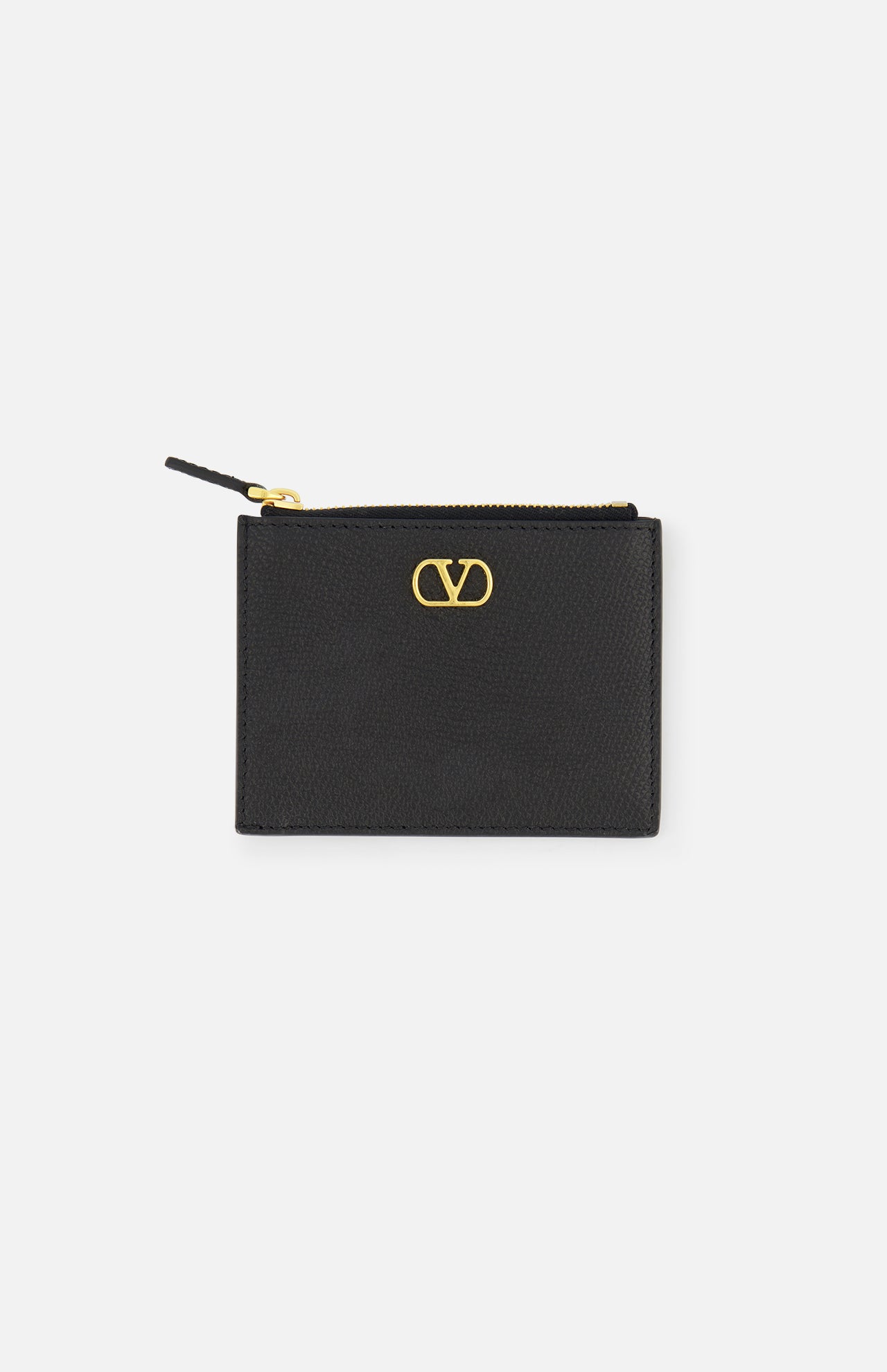 The VALENTINO GARAVANI V Logo Signature Coin Purse and Card Case is a black leather holder with a gold-tone logo on the front, card slots, and zip closure, shown against a plain white background.