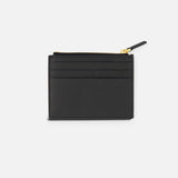 The VALENTINO GARAVANI V Logo Signature Coin Purse and Card Case is a black leather card holder with three slots and a gold top zipper, ideal as a sleek coin purse, shown against a plain white background.