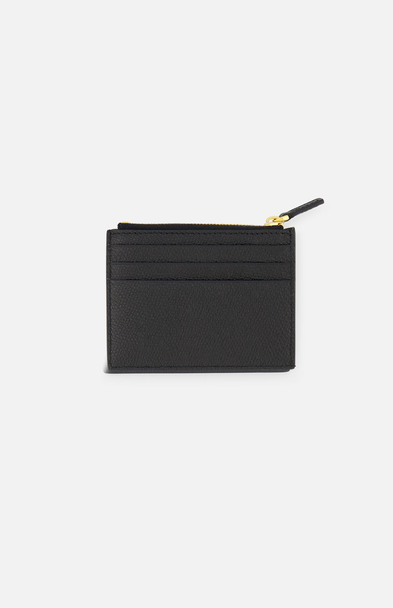 The VALENTINO GARAVANI V Logo Signature Coin Purse and Card Case is a black leather card holder with three slots and a gold top zipper, ideal as a sleek coin purse, shown against a plain white background.