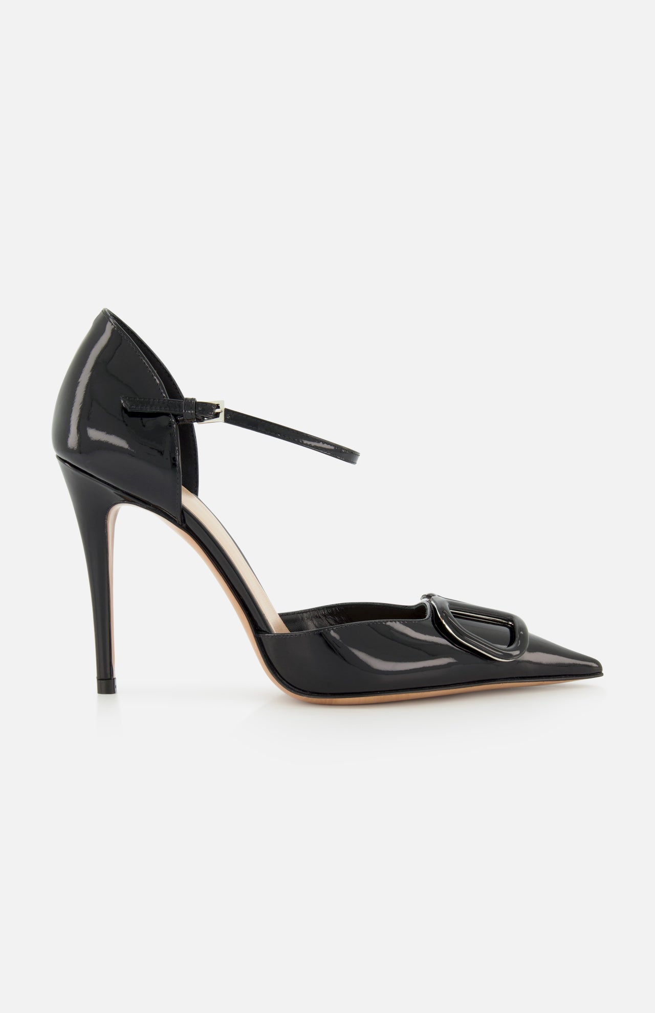 The VALENTINO GARAVANI V Logo Signature D'Orsay Heel is a sleek black patent leather pump with a pointed toe, thin ankle strap, stiletto heel, and signature logo buckle, adding an elegant touch to any outfit.